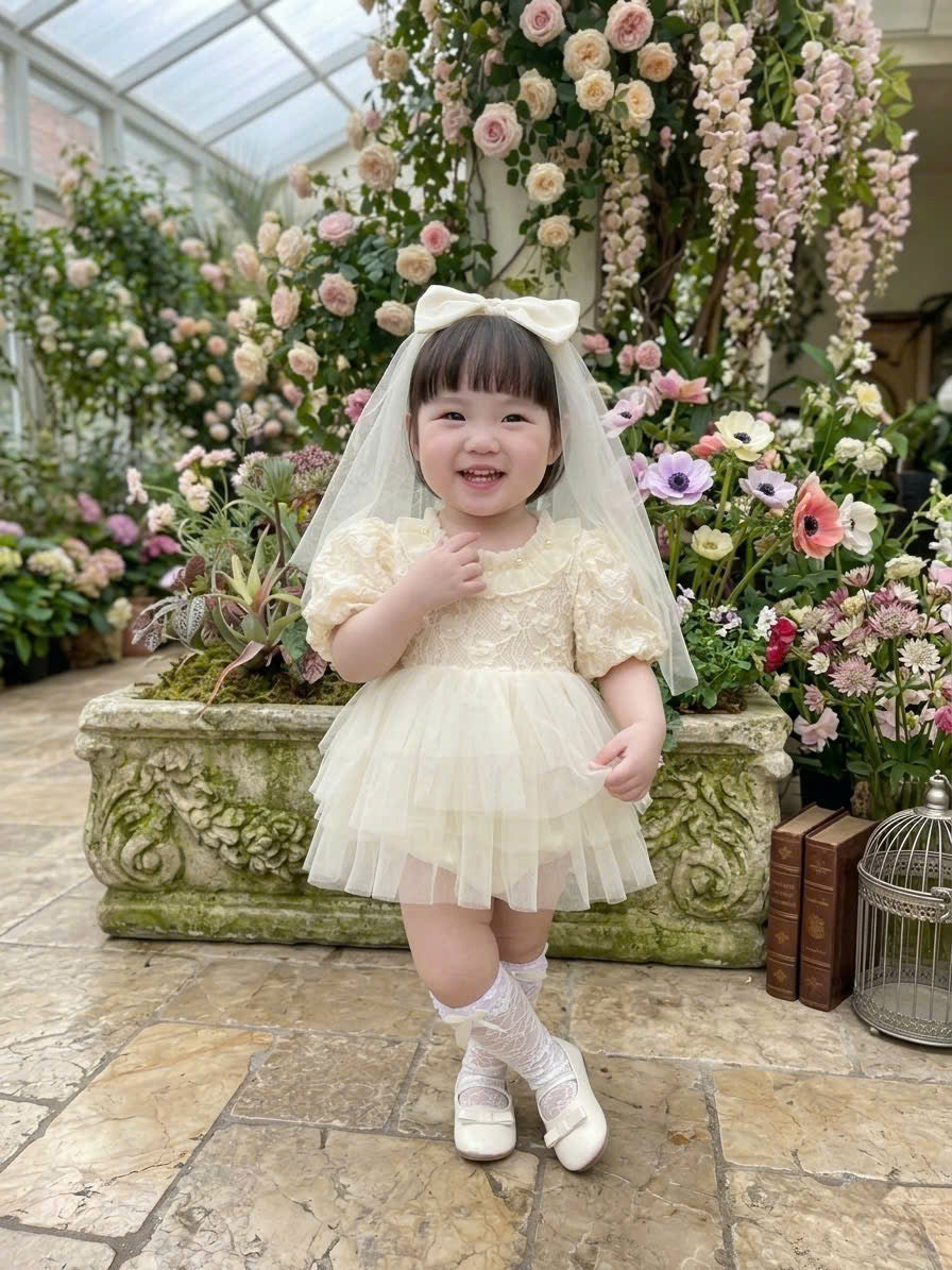 Ivory Rosette Lolita Romper Dress Newborn–12Months | Baby Party, Christening & Photoshoot Outfit | Special Occasion Wear