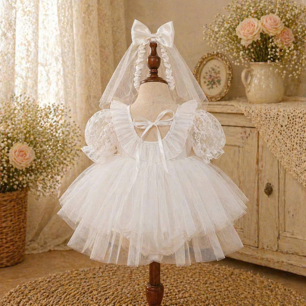 White Rosette Lolita Romper Dress Newborn–12Months | Baby Christening, Birthday & Photoshoot Outfit | Special Occasion Wear