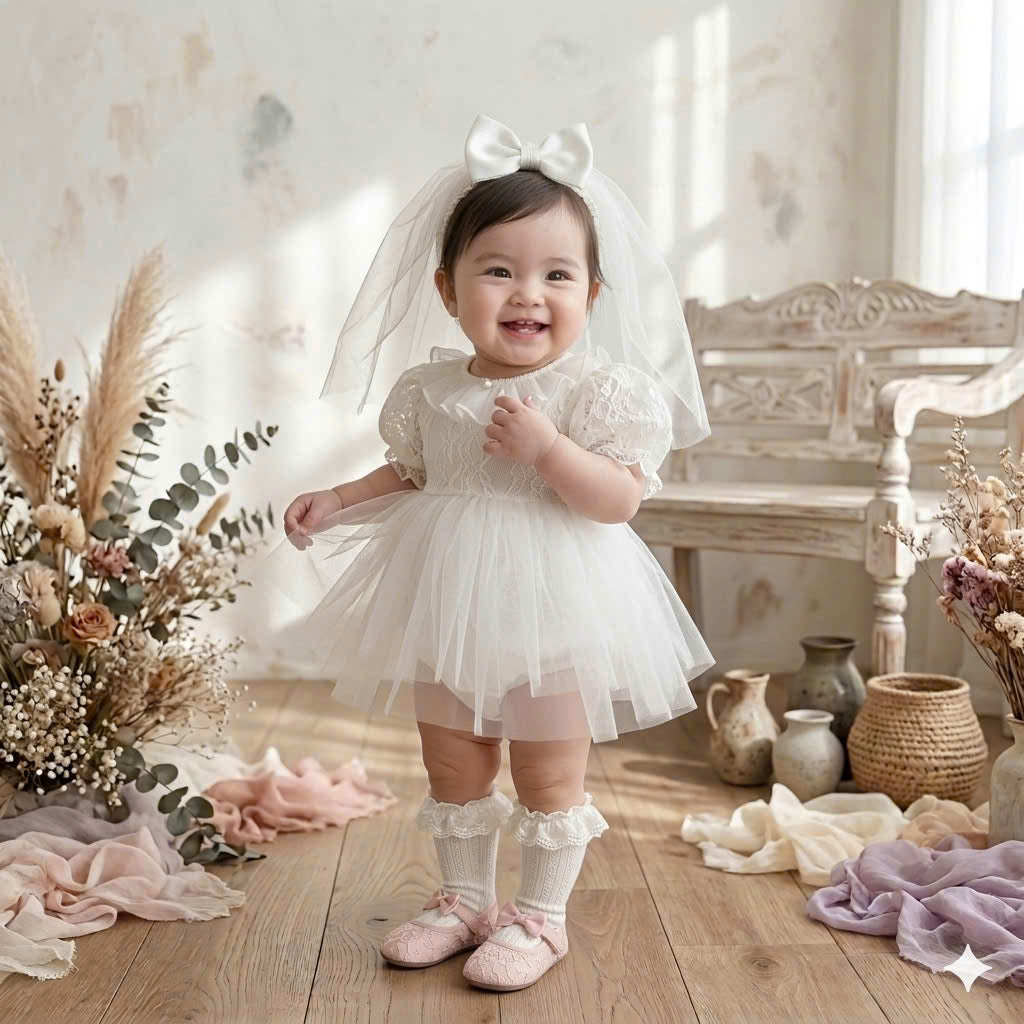 White Rosette Lolita Romper Dress Newborn–12Months | Baby Christening, Birthday & Photoshoot Outfit | Special Occasion Wear