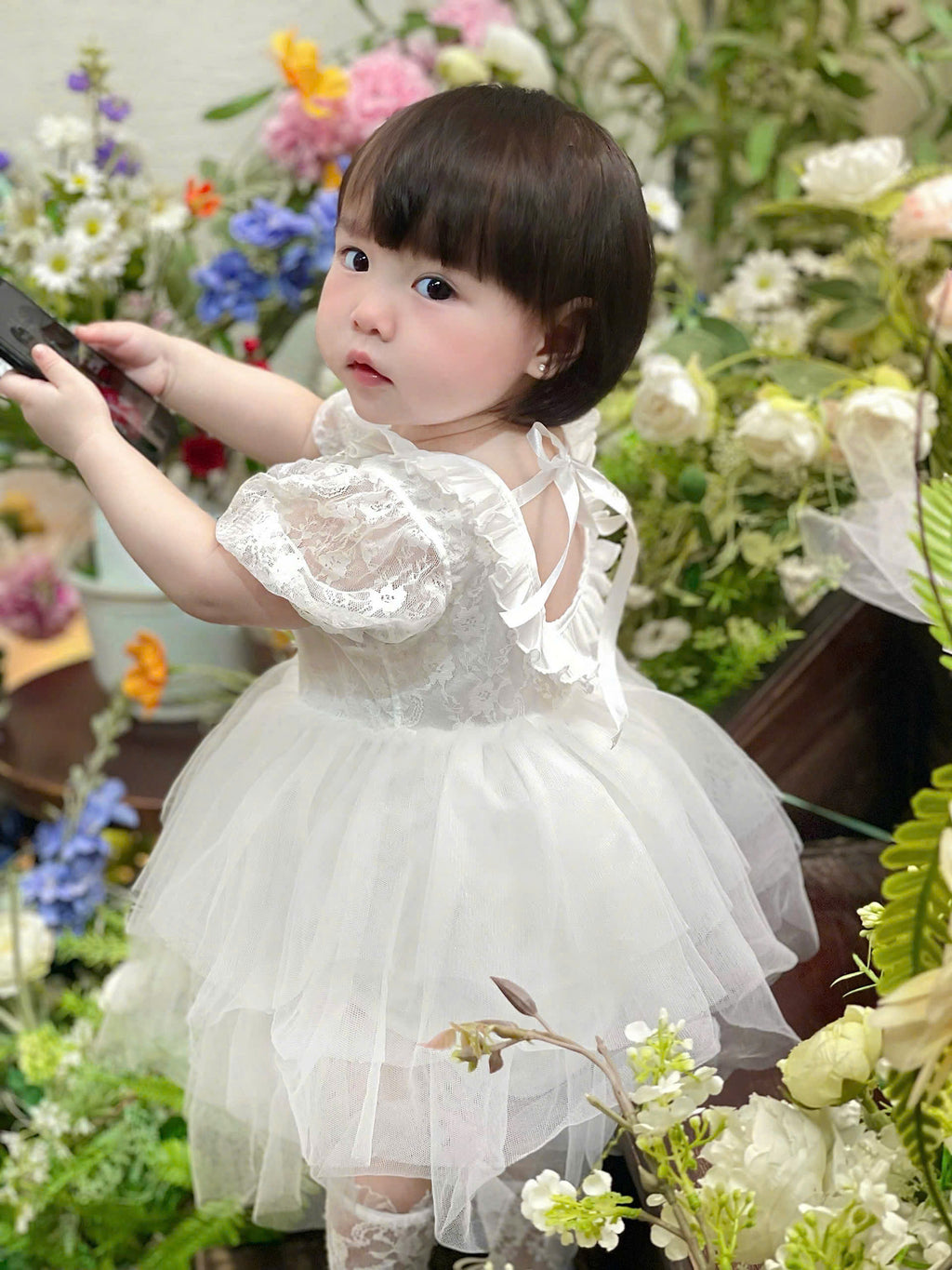 White Rosette Lolita Romper Dress Newborn–12Months | Baby Christening, Birthday & Photoshoot Outfit | Special Occasion Wear