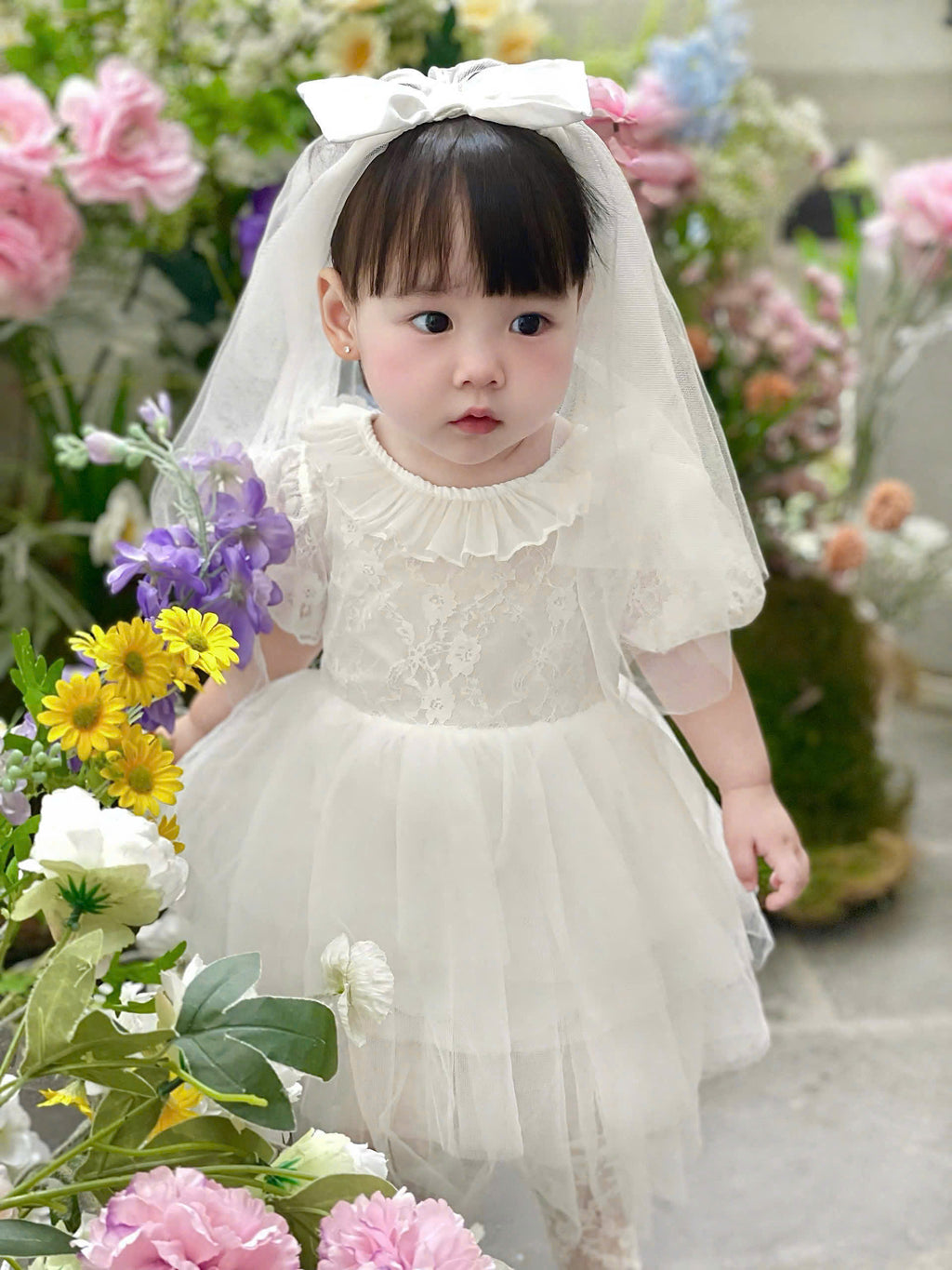 White Rosette Lolita Romper Dress Newborn–12Months | Baby Christening, Birthday & Photoshoot Outfit | Special Occasion Wear
