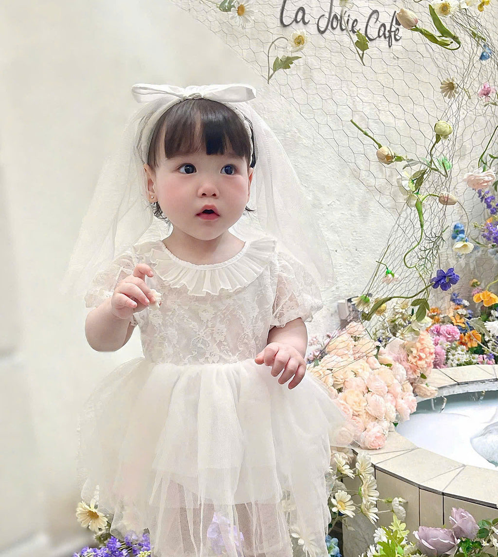 White Rosette Lolita Romper Dress Newborn–12Months | Baby Christening, Birthday & Photoshoot Outfit | Special Occasion Wear