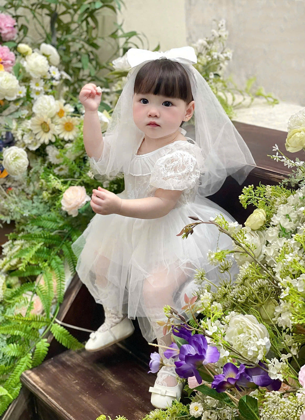 White Rosette Lolita Romper Dress Newborn–12Months | Baby Christening, Birthday & Photoshoot Outfit | Special Occasion Wear