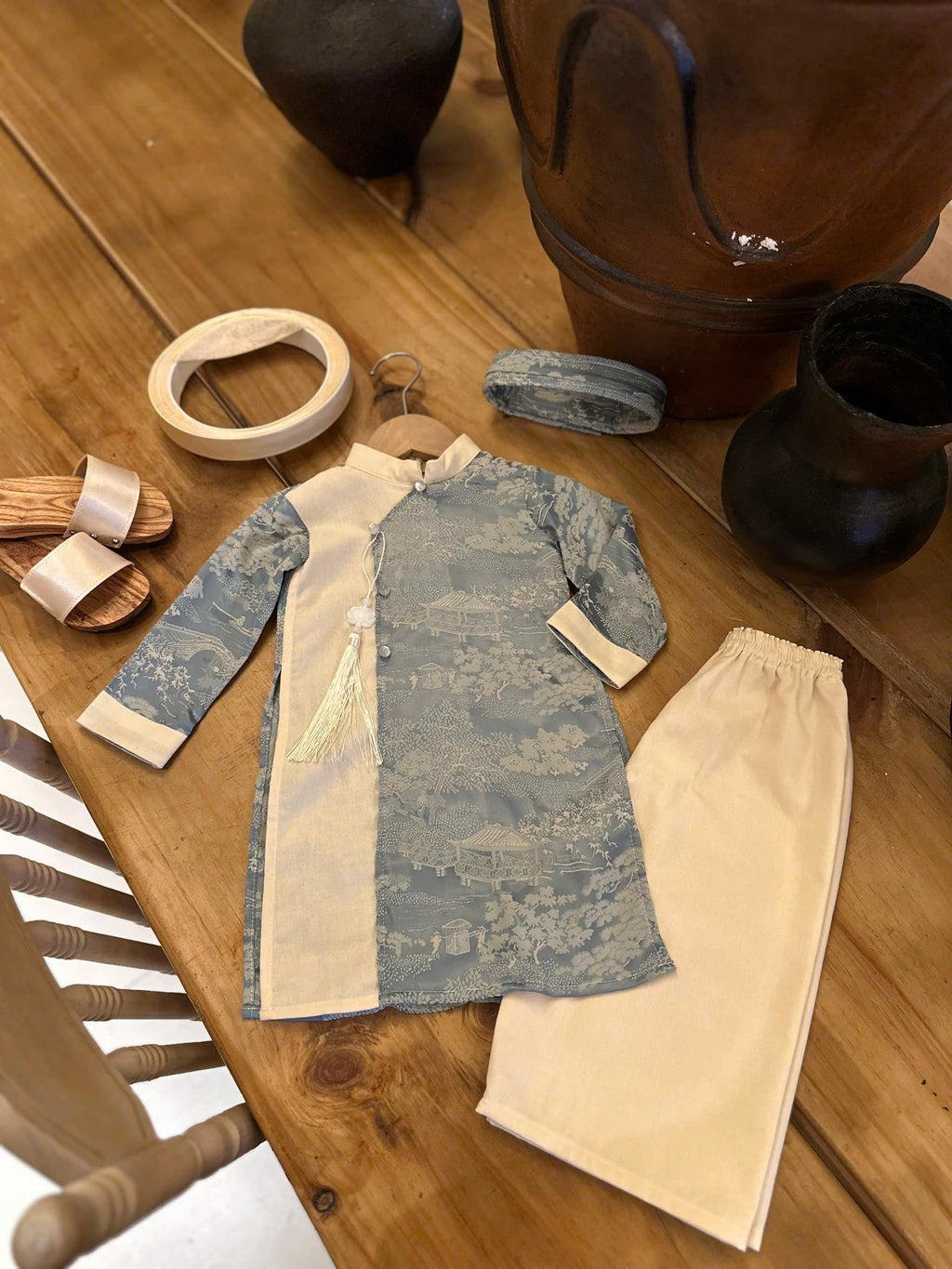 Imperial Mist Áo Dài – Cream Blue Harmony Boy Version (Newborn–9 Years) | Optional Soft Mấn & Ivory Khăn Đóng