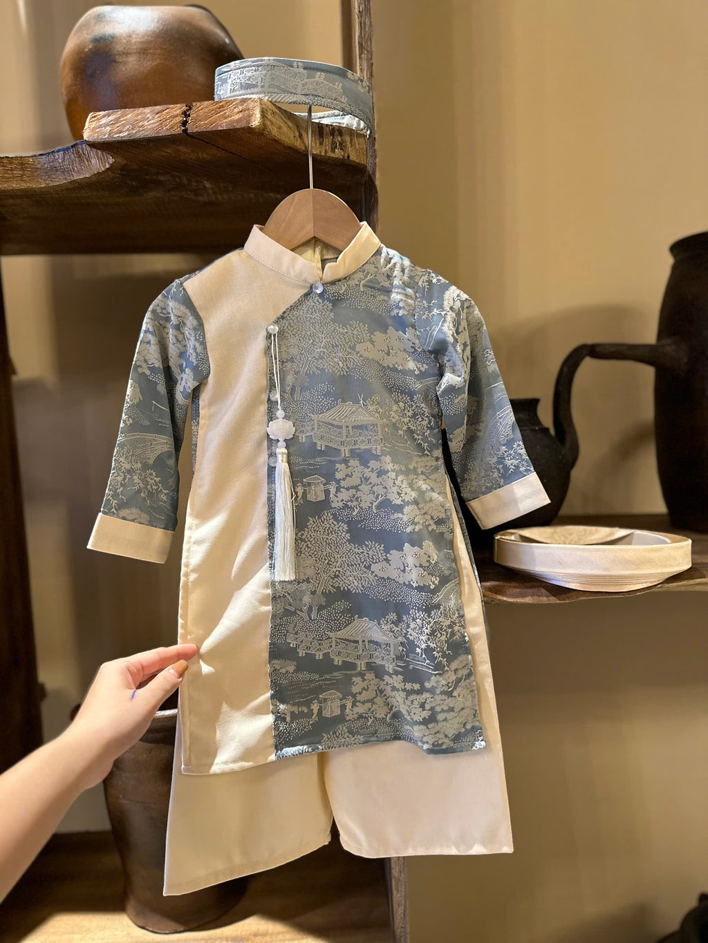 Imperial Mist Áo Dài – Cream Blue Harmony Boy Version (Newborn–9 Years) | Optional Soft Mấn & Ivory Khăn Đóng