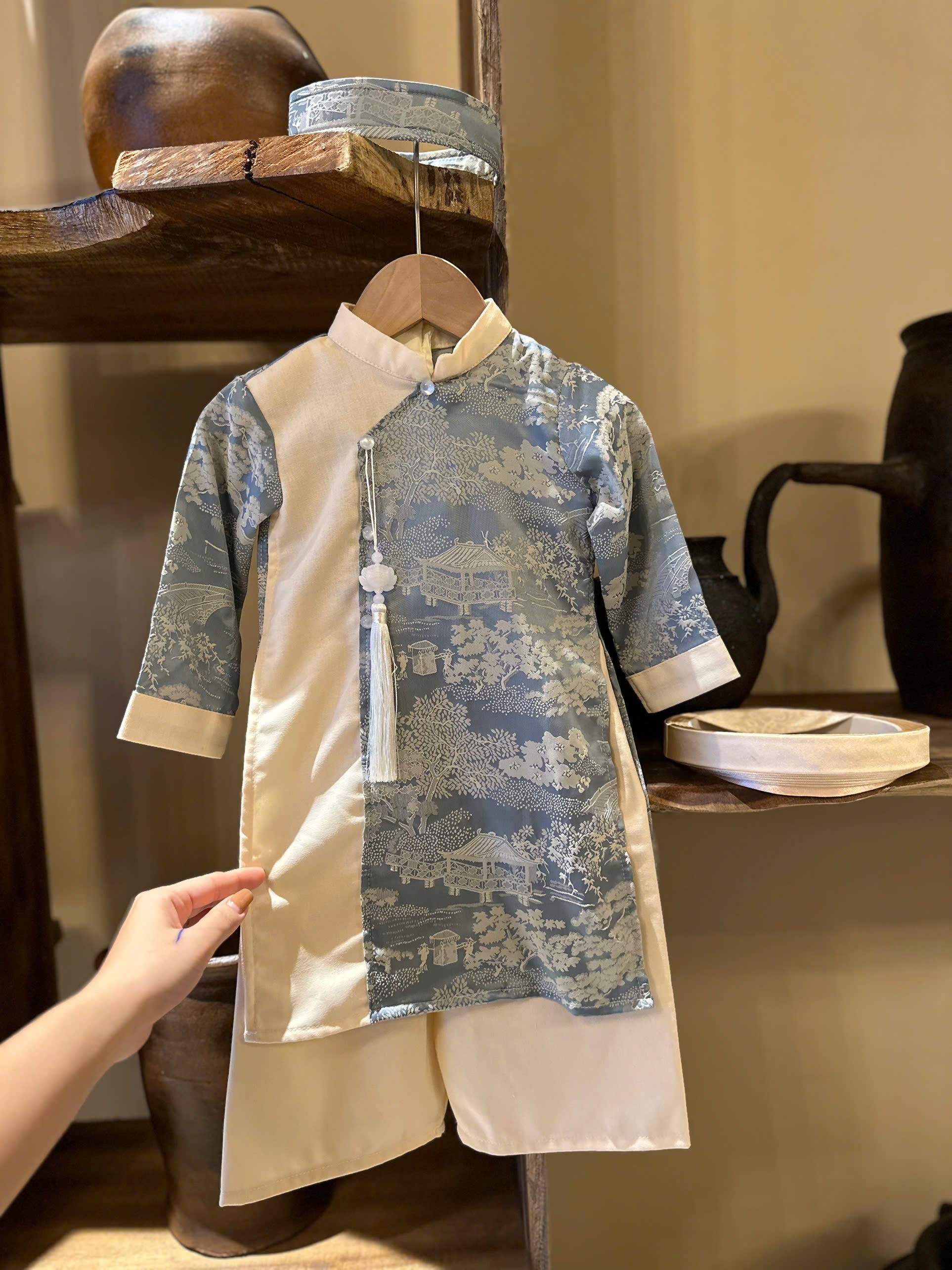 Imperial Mist Áo Dài – Cream Blue Harmony Boy Version (Newborn–9 Years) | Optional Soft Mấn & Ivory Khăn Đóng