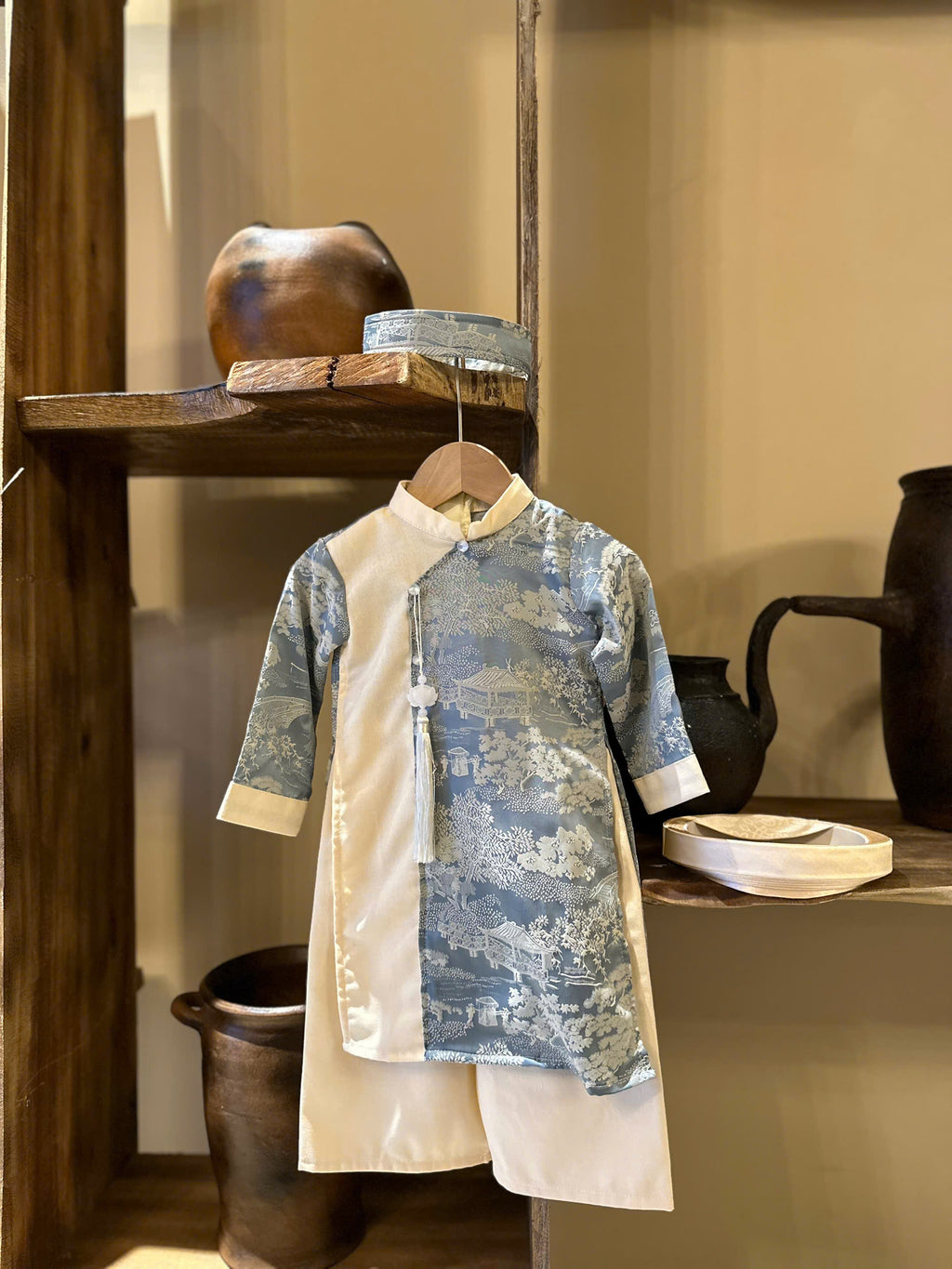 Imperial Mist Áo Dài – Cream Blue Harmony Boy Version (Newborn–9 Years) | Optional Soft Mấn & Ivory Khăn Đóng