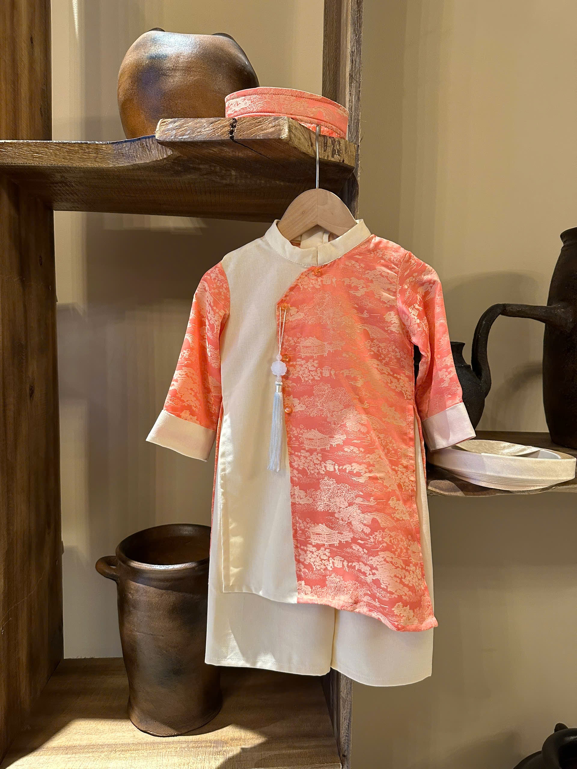 Imperial Mist Áo Dài – Coral Blossom Boy Version (Newborn–9 Years) | Optional Soft Mấn & Ivory Khăn Đóng