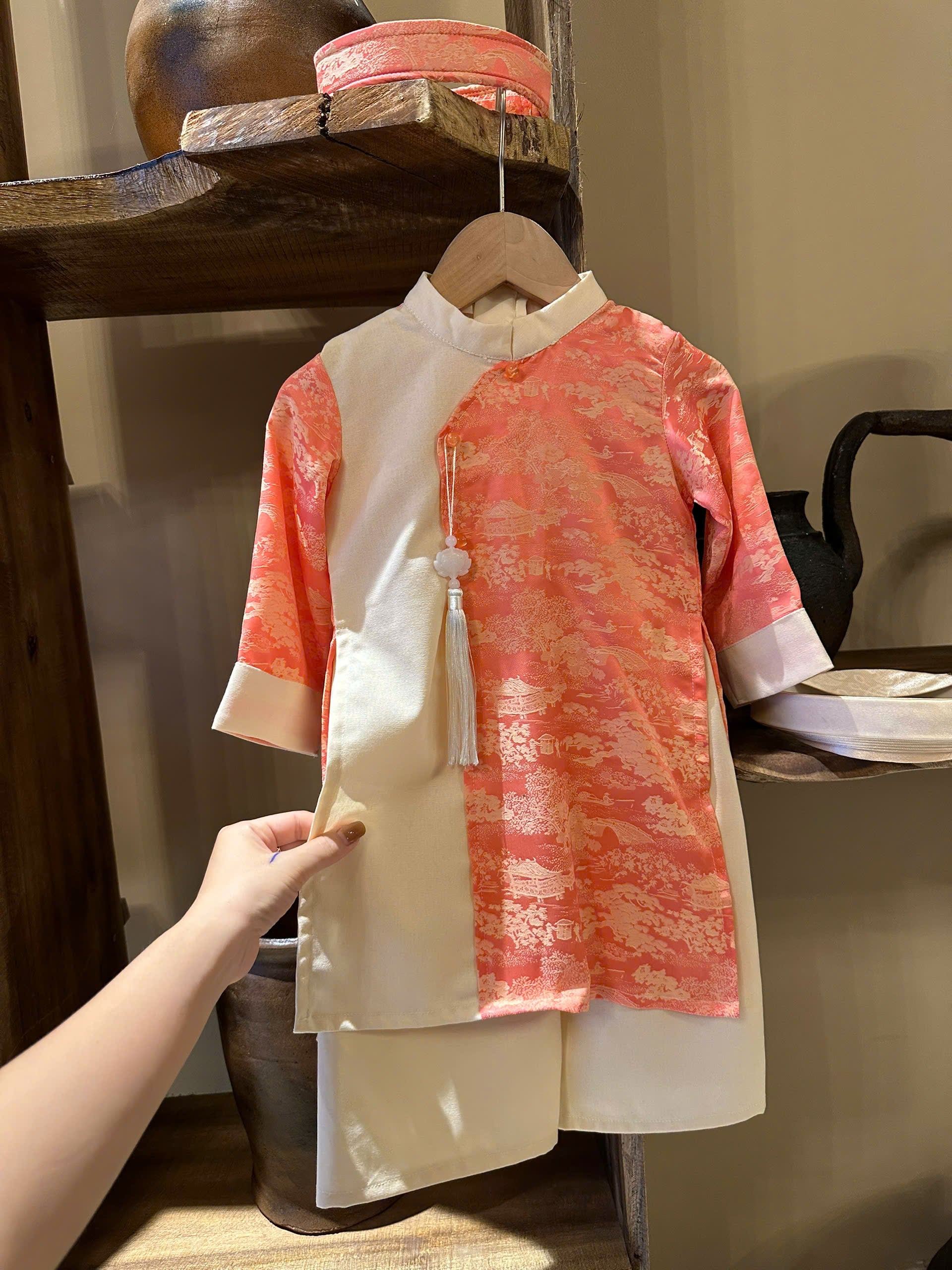 Imperial Mist Áo Dài – Coral Blossom Boy Version (Newborn–9 Years) | Optional Soft Mấn & Ivory Khăn Đóng