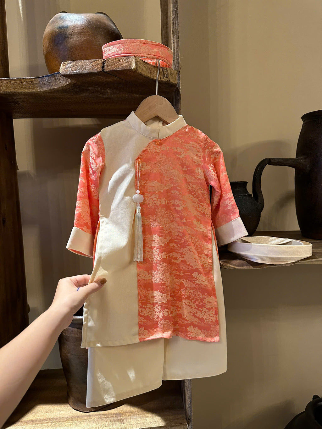 Imperial Mist Áo Dài – Coral Blossom Boy Version (Newborn–9 Years) | Optional Soft Mấn & Ivory Khăn Đóng