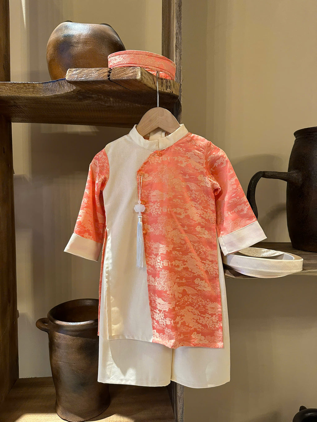 Imperial Mist Áo Dài – Coral Blossom Boy Version (Newborn–9 Years) | Optional Soft Mấn & Ivory Khăn Đóng