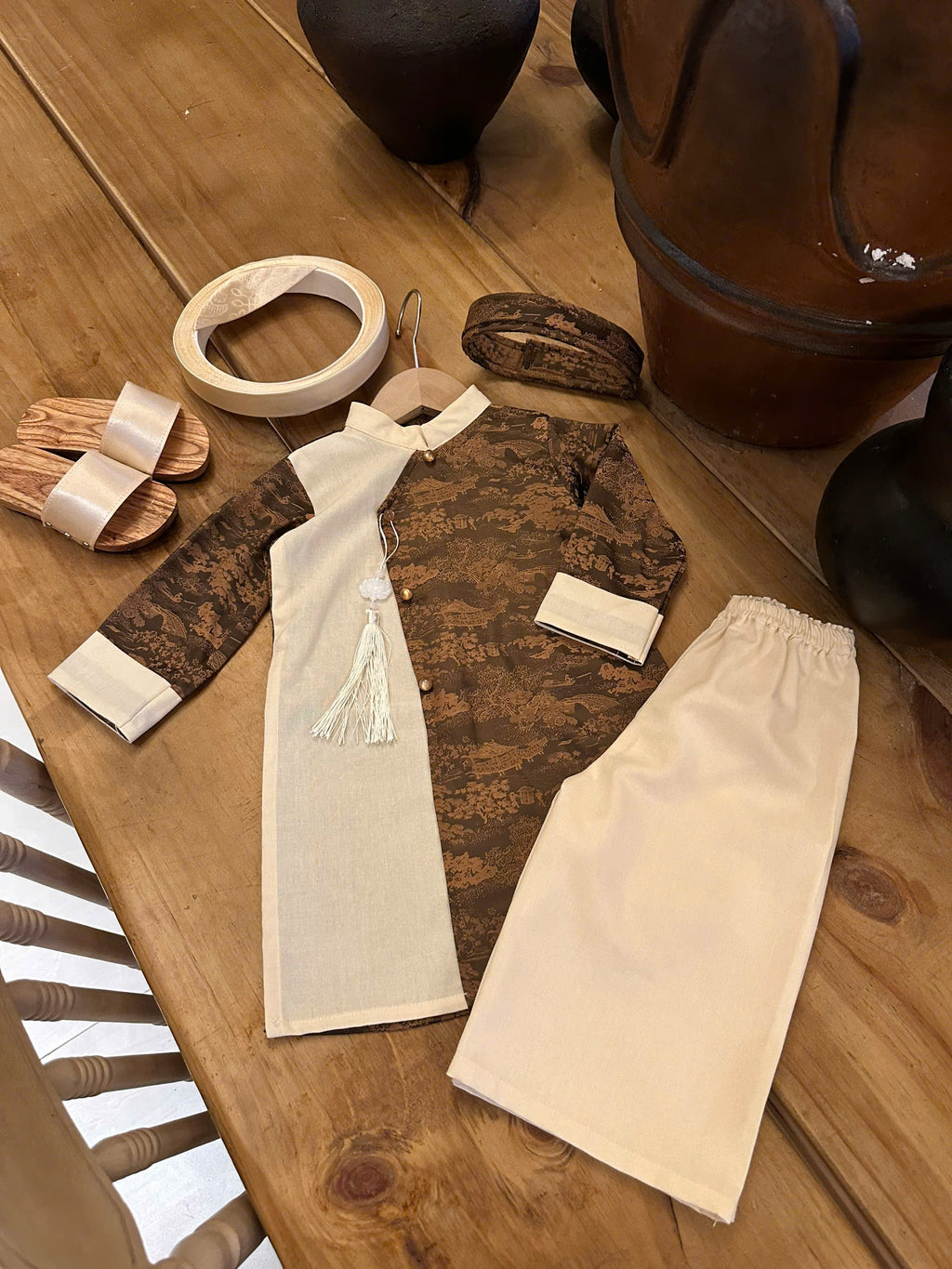 Imperial Mist Áo Dài – Chestnut Ivory Boy Version (Newborn–9 Years) | Optional Soft Mấn & Ivory Khăn Đóng
