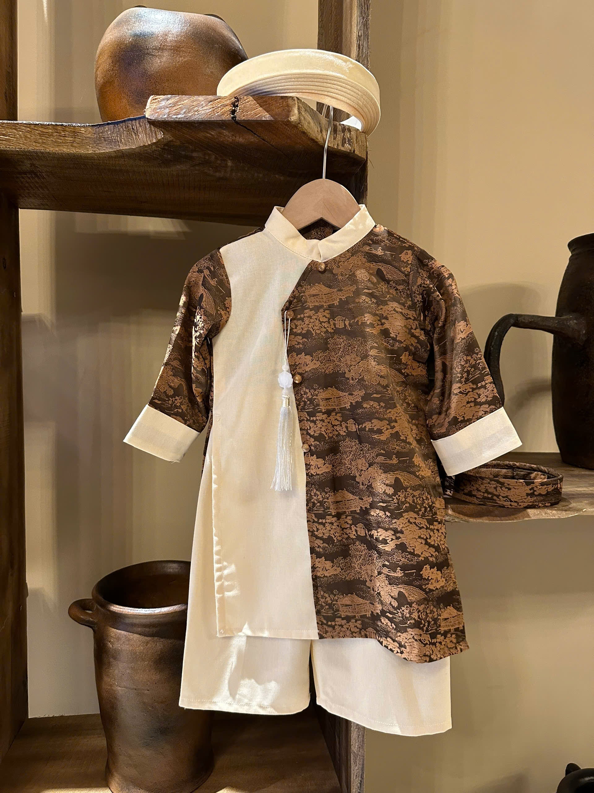 Imperial Mist Áo Dài – Chestnut Ivory Boy Version (Newborn–9 Years) | Optional Soft Mấn & Ivory Khăn Đóng