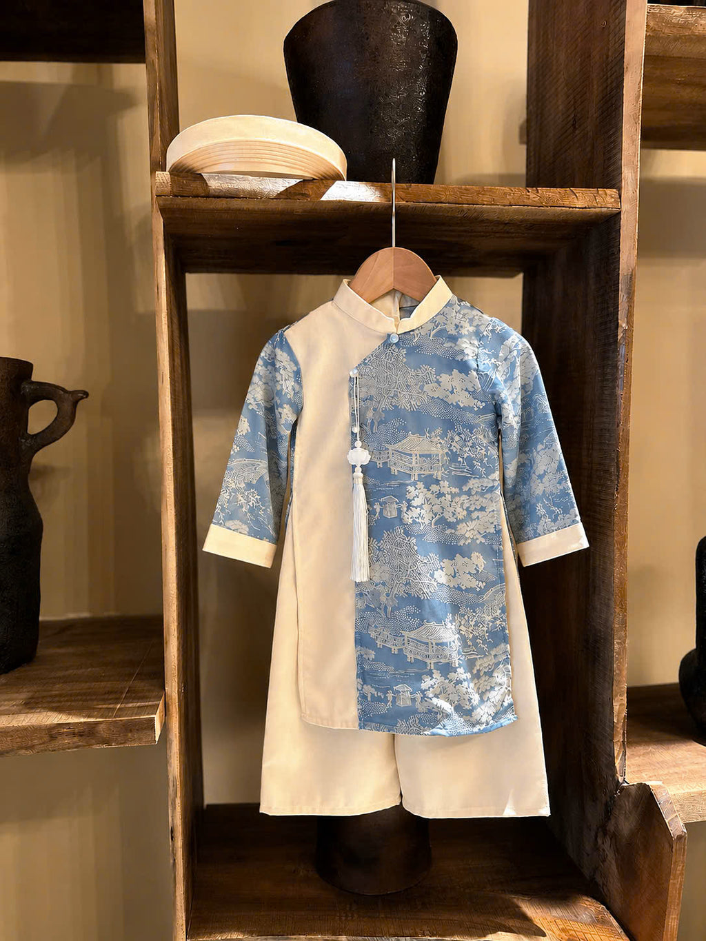 Imperial Mist Áo Dài – Cream Blue Harmony Boy Version (Newborn–9 Years) | Optional Soft Mấn & Ivory Khăn Đóng