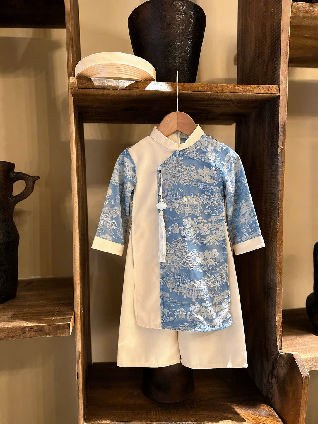 Imperial Mist Áo Dài – Cream Blue Harmony Boy Version (Newborn–9 Years) | Optional Soft Mấn & Ivory Khăn Đóng