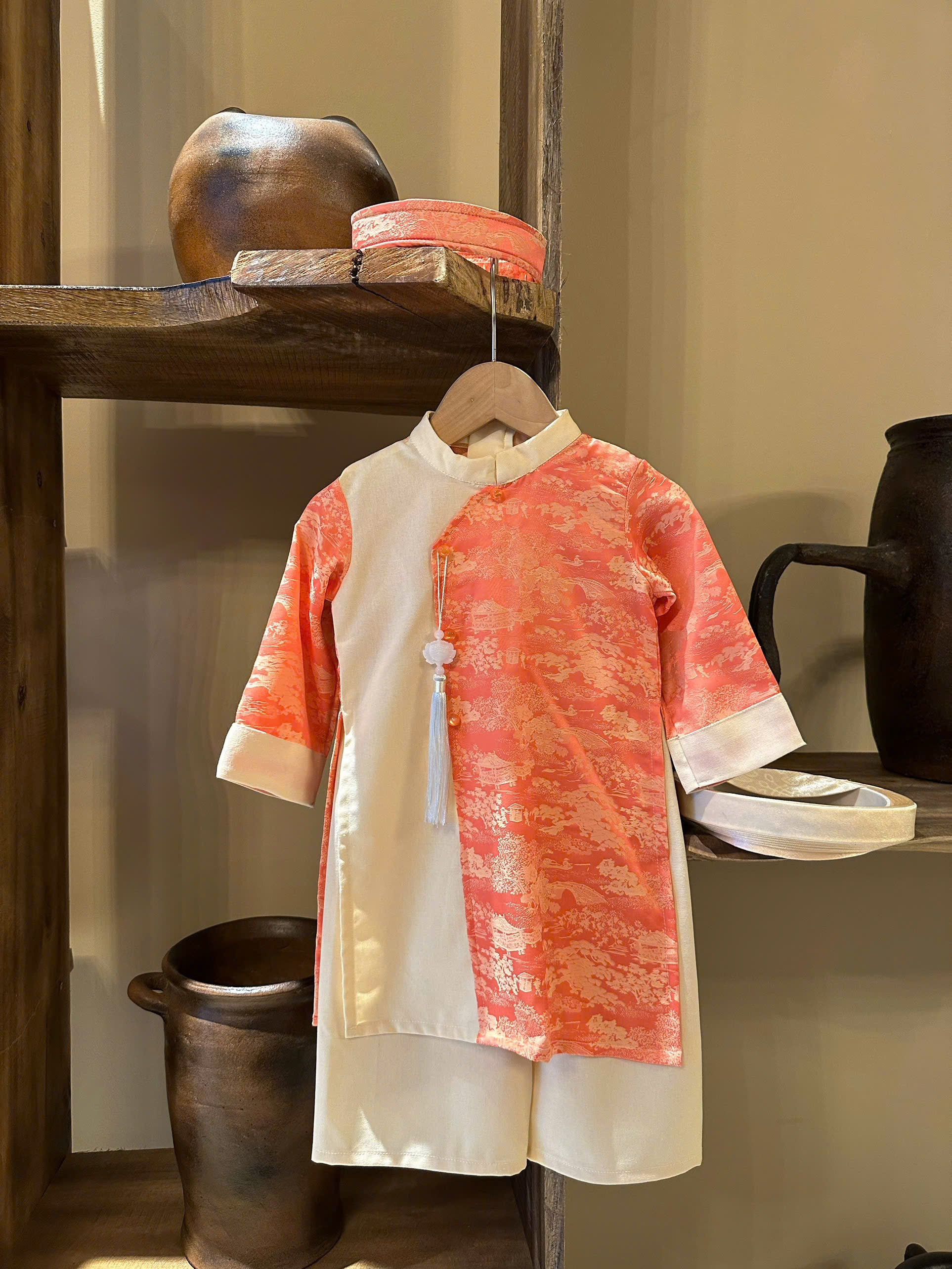 Imperial Mist Áo Dài – Coral Blossom Boy Version (Newborn–9 Years) | Optional Soft Mấn & Ivory Khăn Đóng