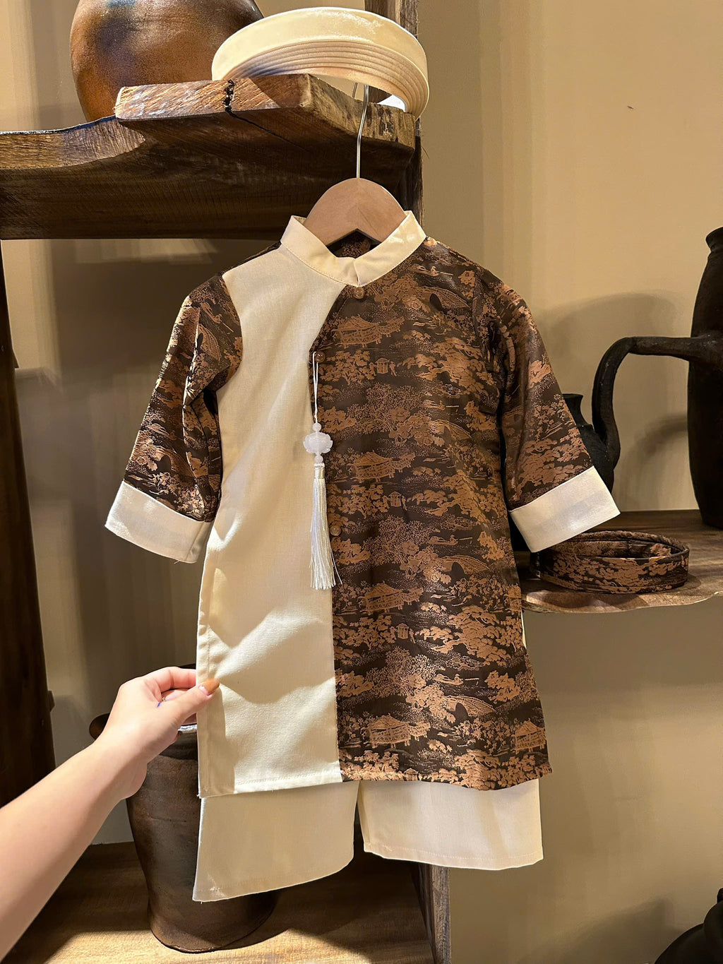 Imperial Mist Áo Dài – Chestnut Ivory Boy Version (Newborn–9 Years) | Optional Soft Mấn & Ivory Khăn Đóng