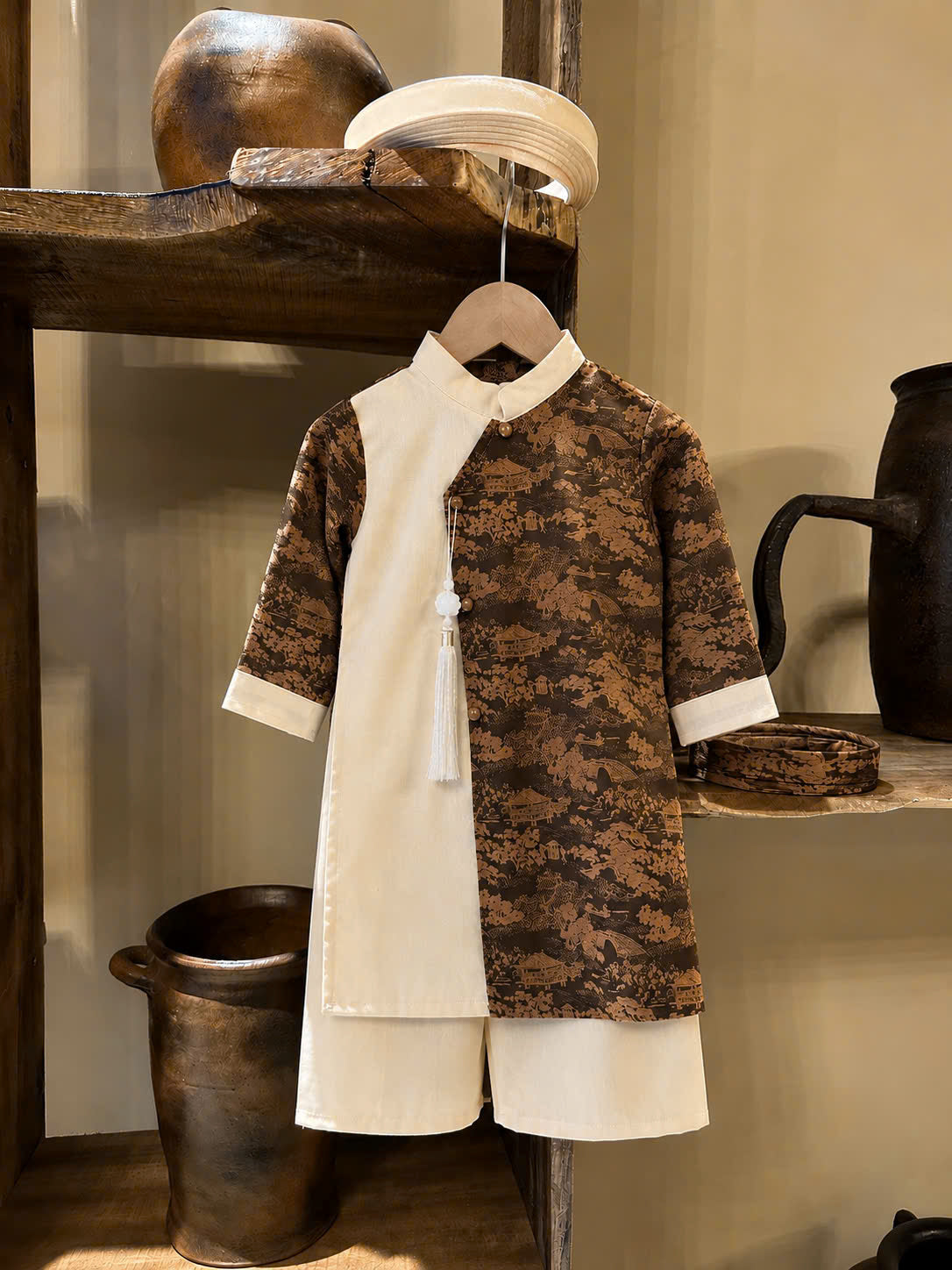 Imperial Mist Áo Dài – Chestnut Ivory Boy Version (Newborn–9 Years) | Optional Soft Mấn & Ivory Khăn Đóng