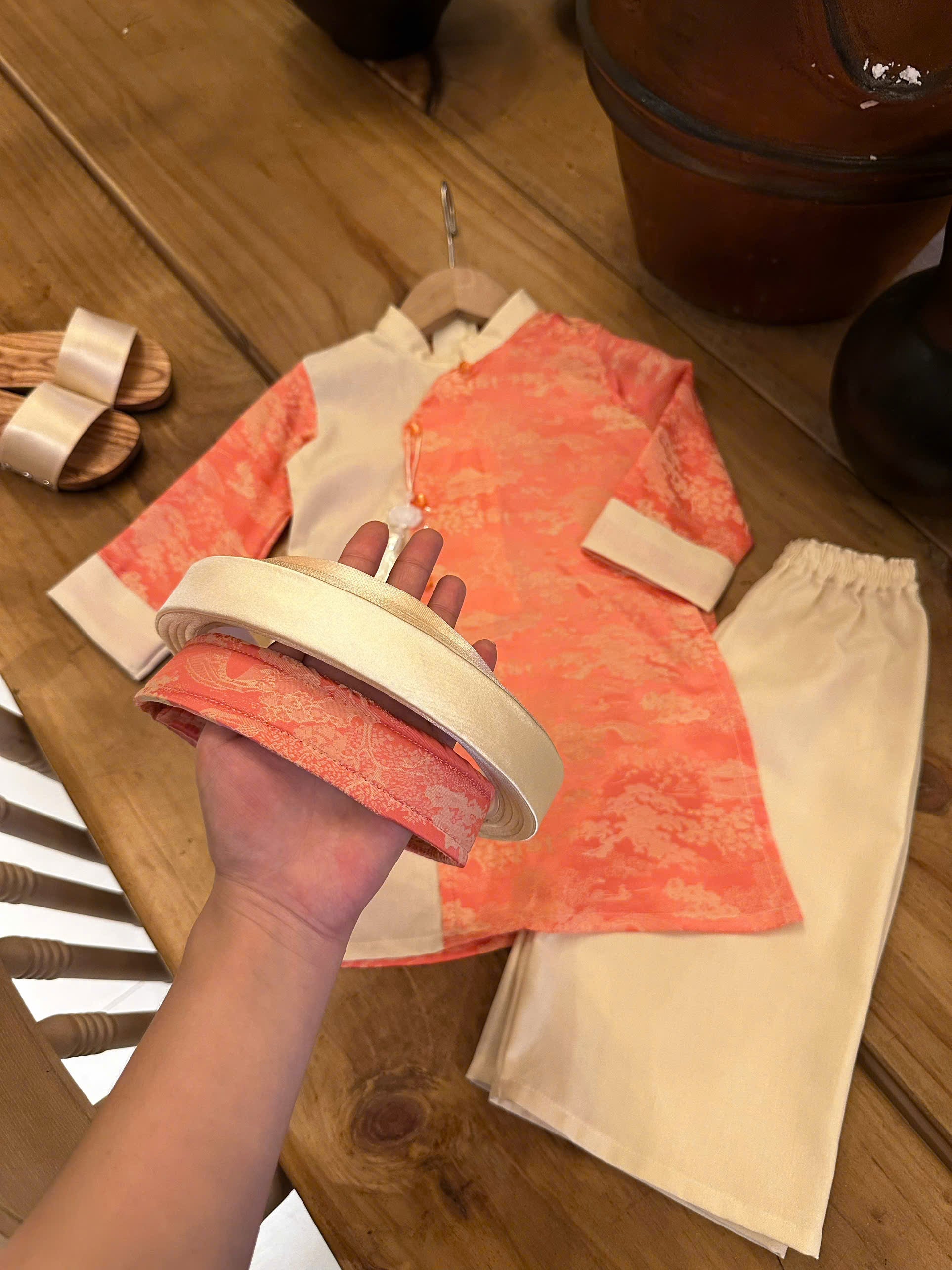 Imperial Mist Áo Dài – Coral Blossom Boy Version (Newborn–9 Years) | Optional Soft Mấn & Ivory Khăn Đóng