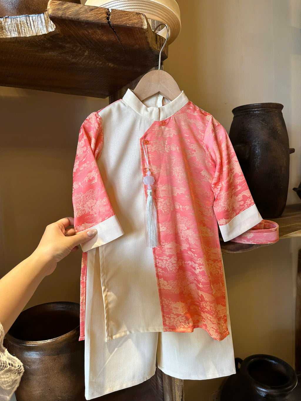 Imperial Mist Áo Dài – Coral Blossom Boy Version (Newborn–9 Years) | Optional Soft Mấn & Ivory Khăn Đóng