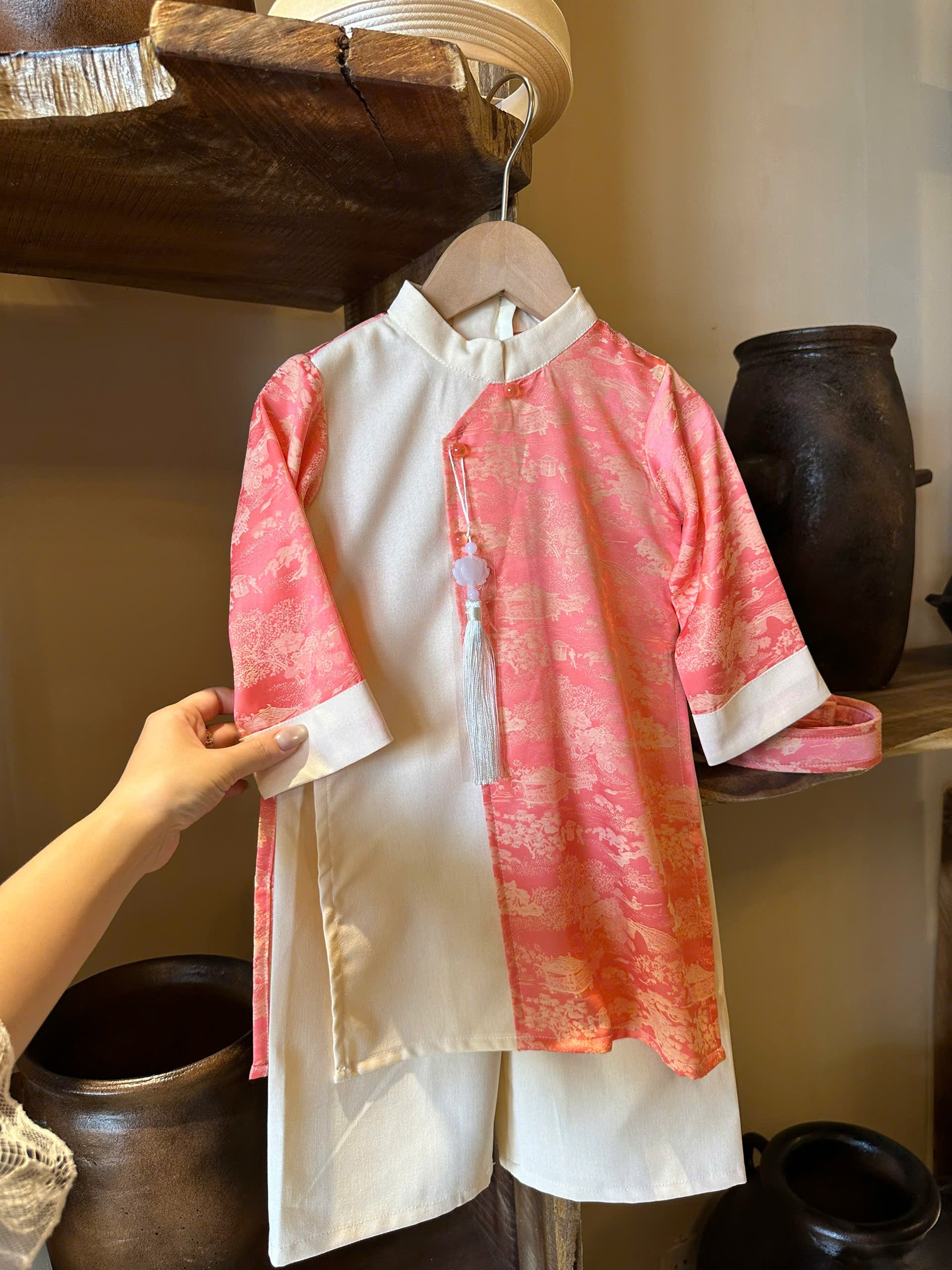 Imperial Mist Áo Dài – Coral Blossom Boy Version (Newborn–9 Years) | Optional Soft Mấn & Ivory Khăn Đóng