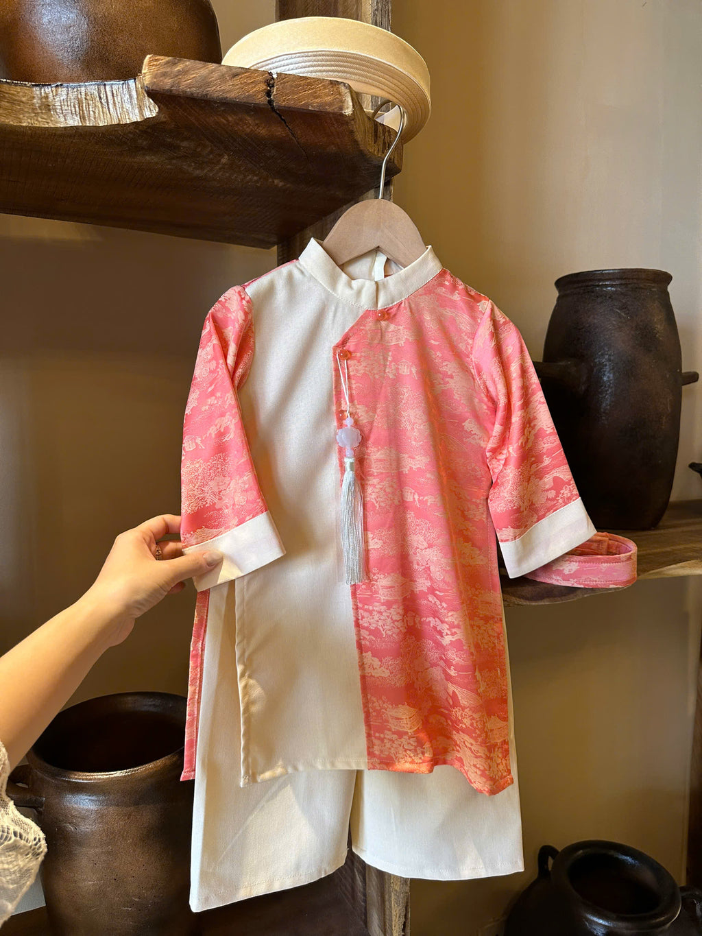 Imperial Mist Áo Dài – Coral Blossom Boy Version (Newborn–9 Years) | Optional Soft Mấn & Ivory Khăn Đóng