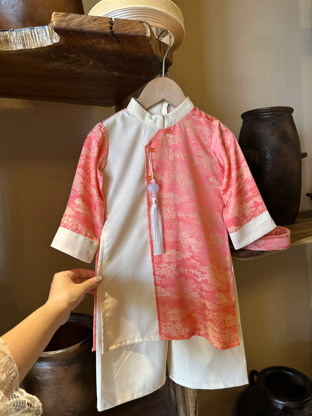 Imperial Mist Áo Dài – Coral Blossom Boy Version (Newborn–9 Years) | Optional Soft Mấn & Ivory Khăn Đóng