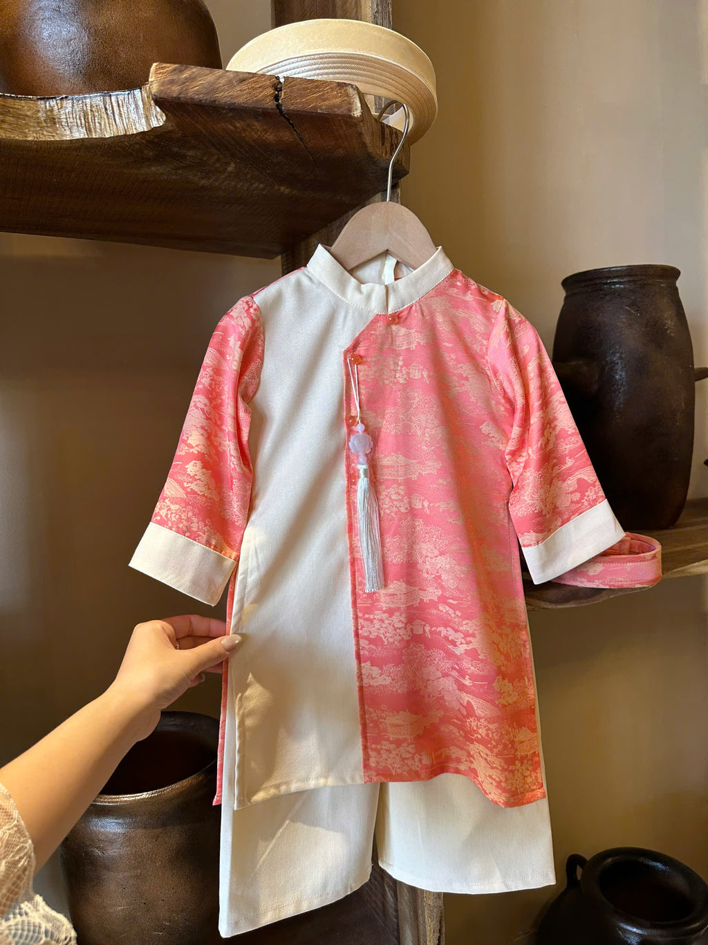 Imperial Mist Áo Dài – Coral Blossom Boy Version (Newborn–9 Years) | Optional Soft Mấn & Ivory Khăn Đóng