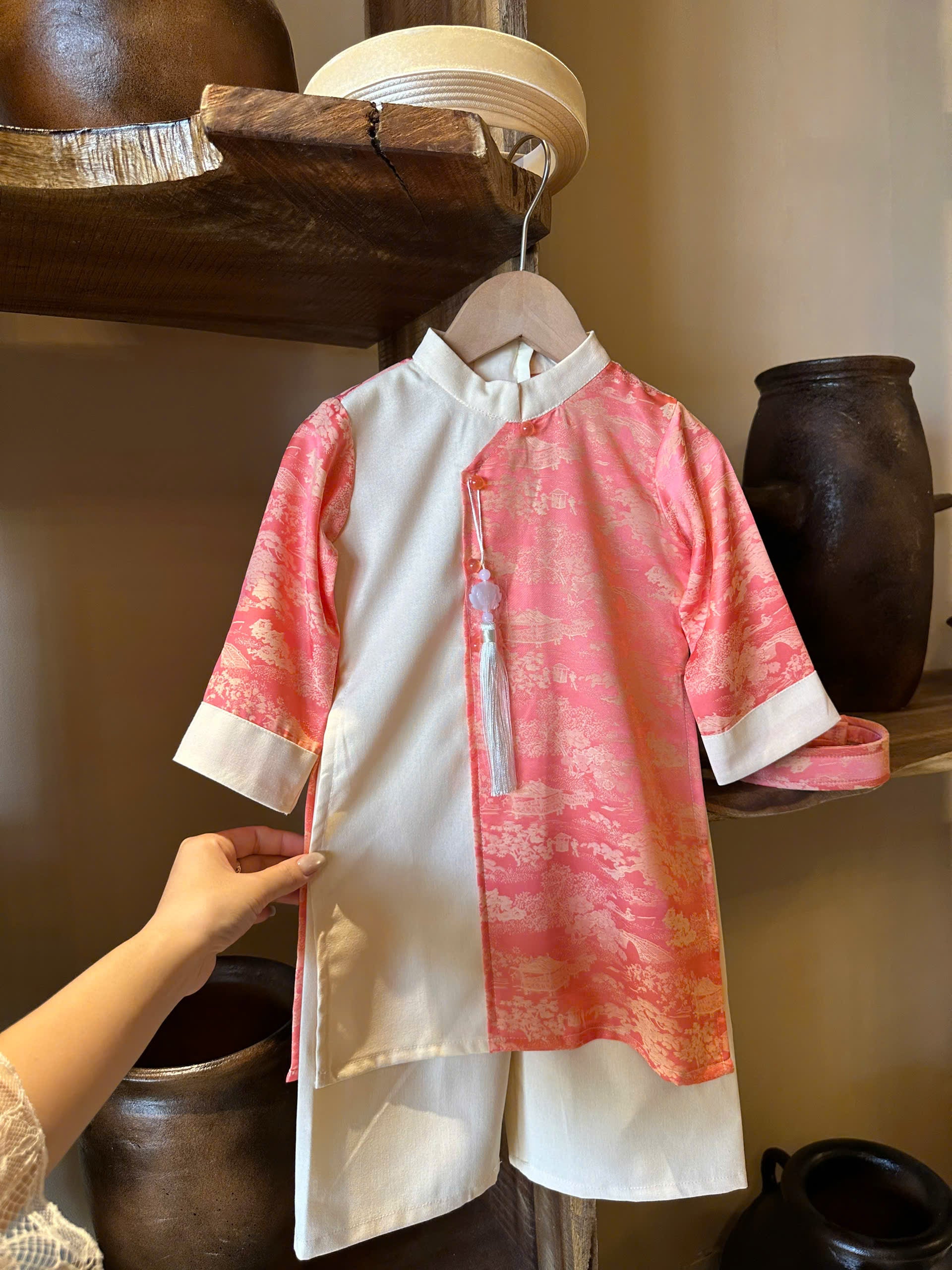 Imperial Mist Áo Dài – Coral Blossom Boy Version (Newborn–9 Years) | Optional Soft Mấn & Ivory Khăn Đóng