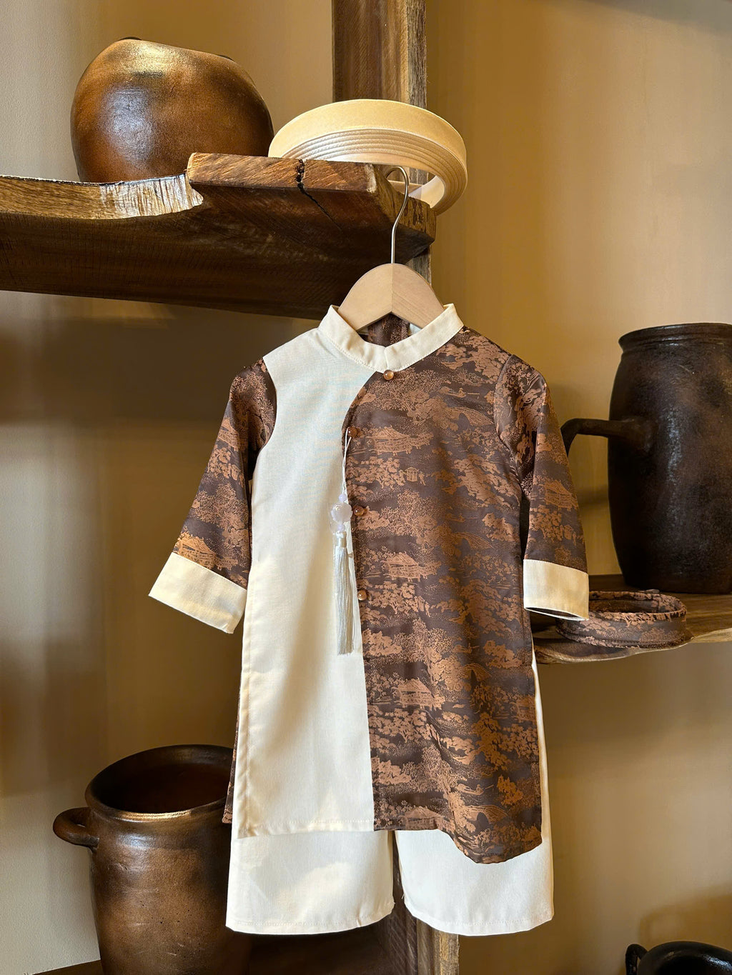 Imperial Mist Áo Dài – Chestnut Ivory Boy Version (Newborn–9 Years) | Optional Soft Mấn & Ivory Khăn Đóng