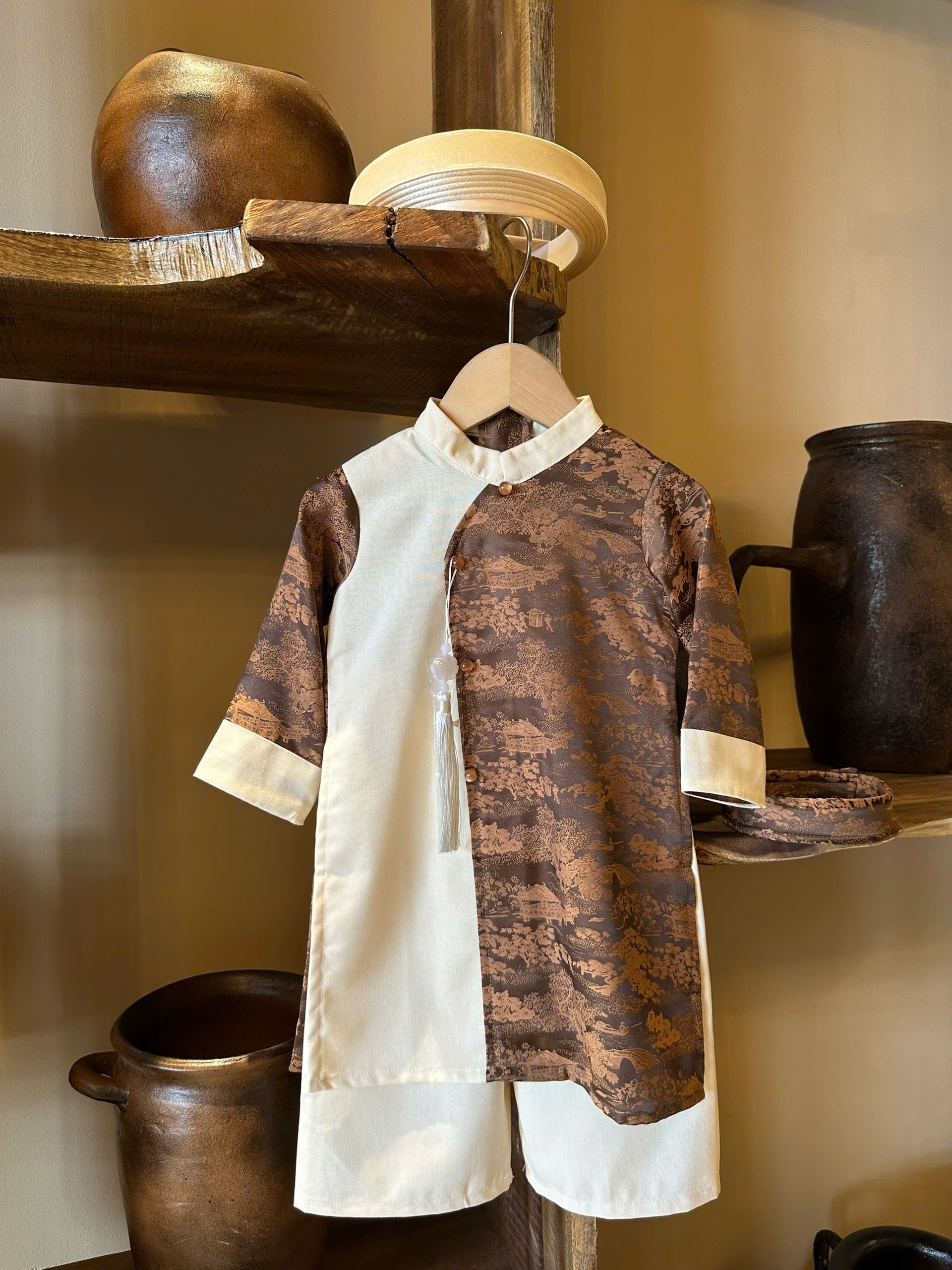 Imperial Mist Áo Dài – Chestnut Ivory Boy Version (Newborn–9 Years) | Optional Soft Mấn & Ivory Khăn Đóng