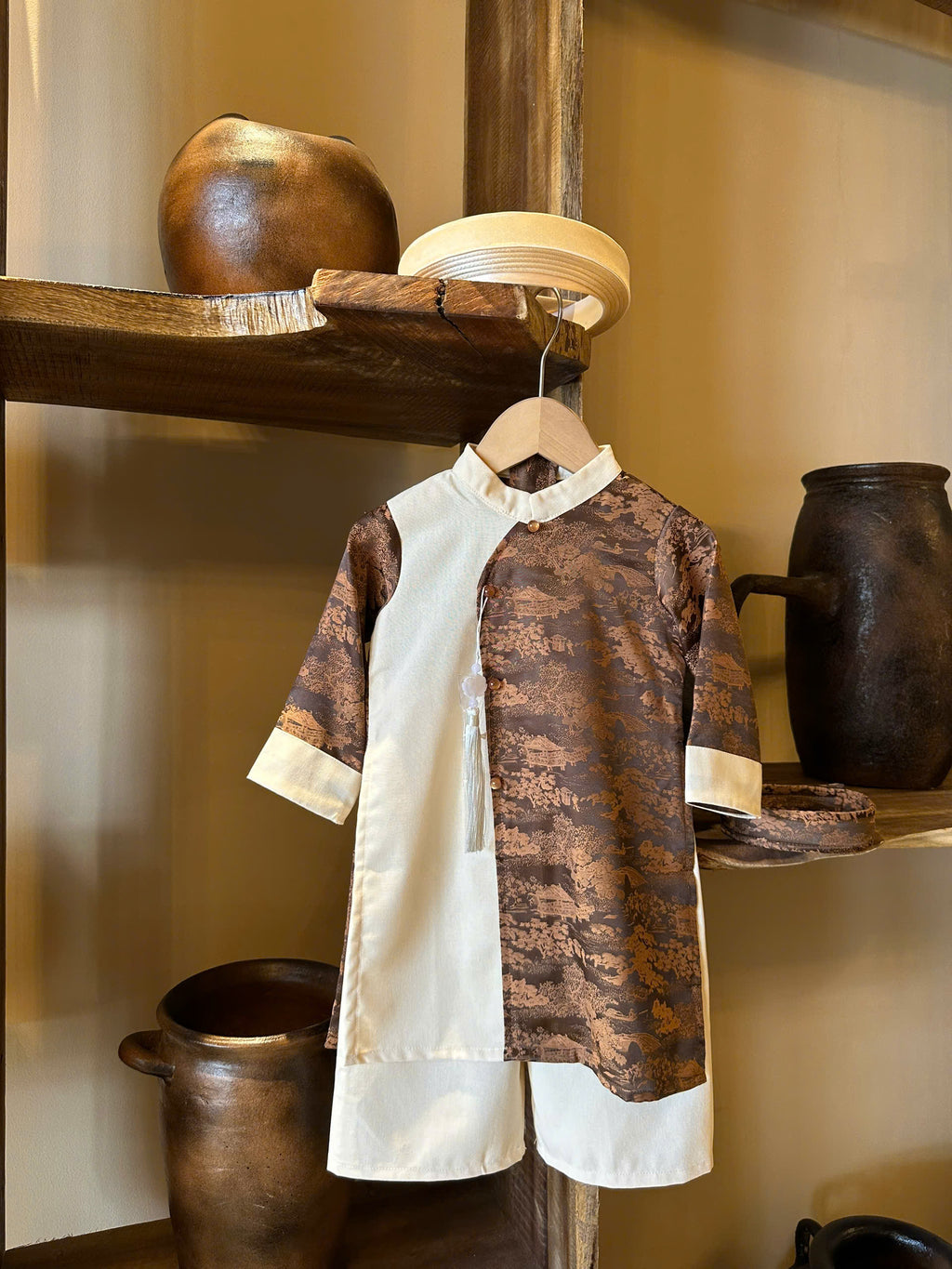 Imperial Mist Áo Dài – Chestnut Ivory Boy Version (Newborn–9 Years) | Optional Soft Mấn & Ivory Khăn Đóng