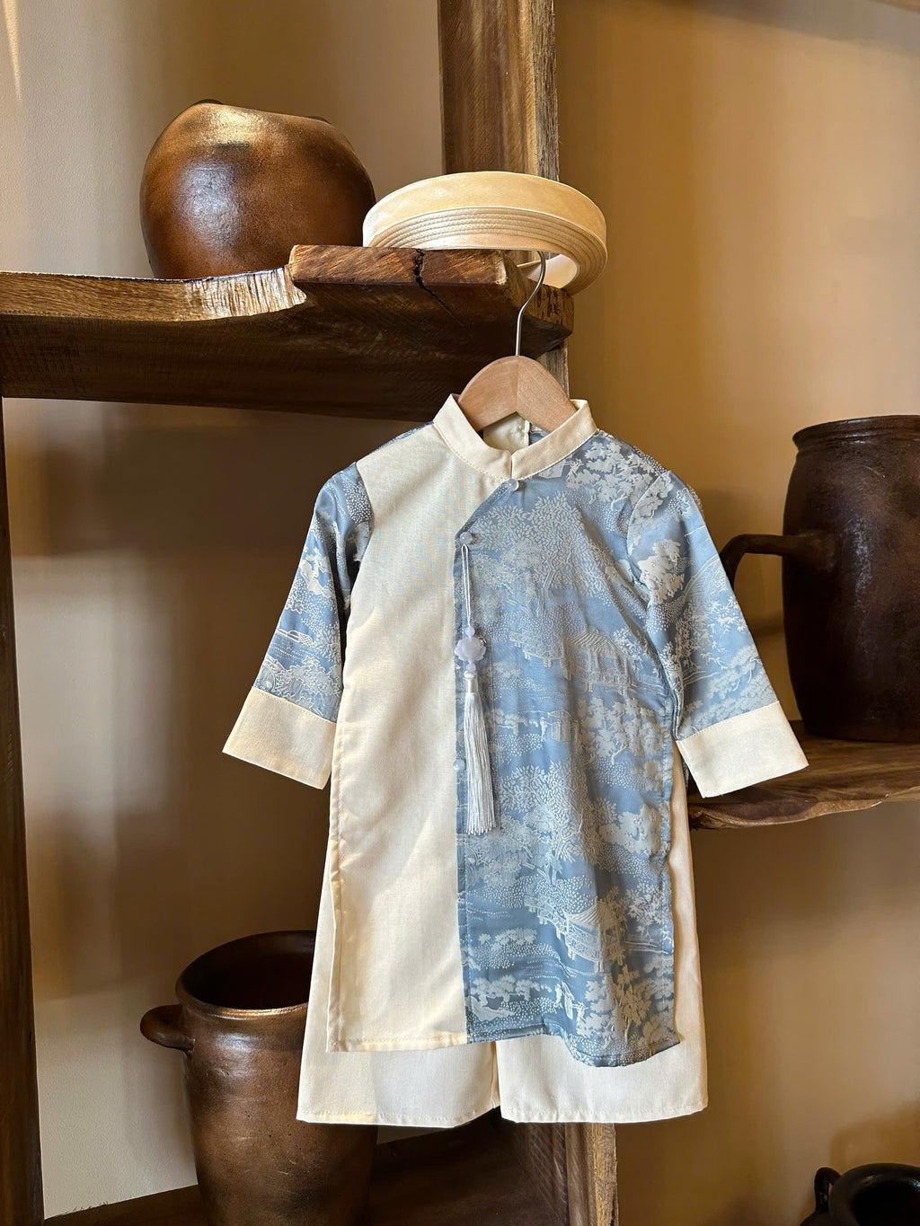 Imperial Mist Áo Dài – Cream Blue Harmony Boy Version (Newborn–9 Years) | Optional Soft Mấn & Ivory Khăn Đóng