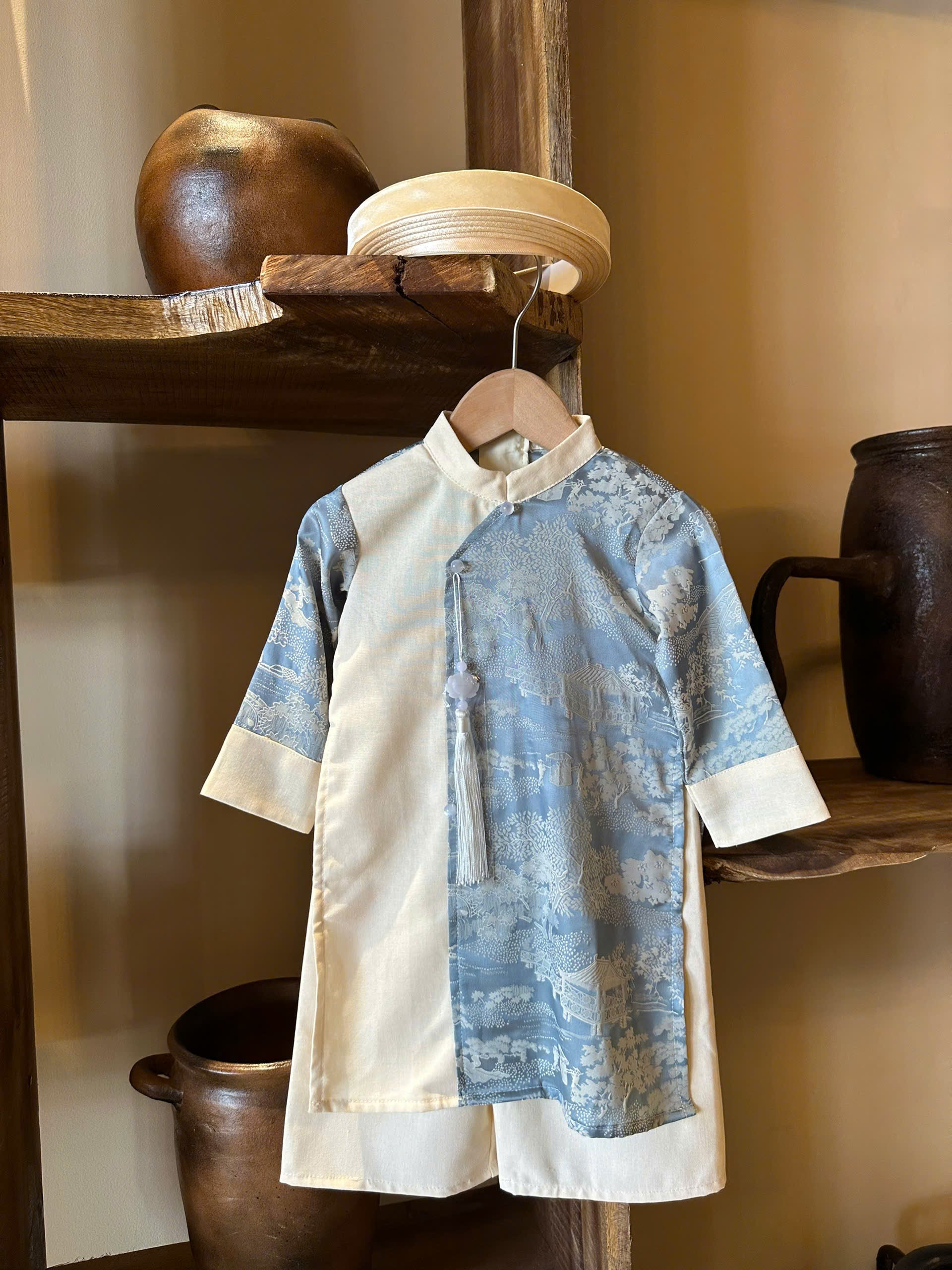 Imperial Mist Áo Dài – Cream Blue Harmony Boy Version (Newborn–9 Years) | Optional Soft Mấn & Ivory Khăn Đóng