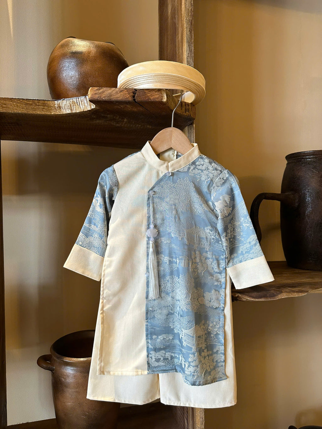Imperial Mist Áo Dài – Cream Blue Harmony Boy Version (Newborn–9 Years) | Optional Soft Mấn & Ivory Khăn Đóng