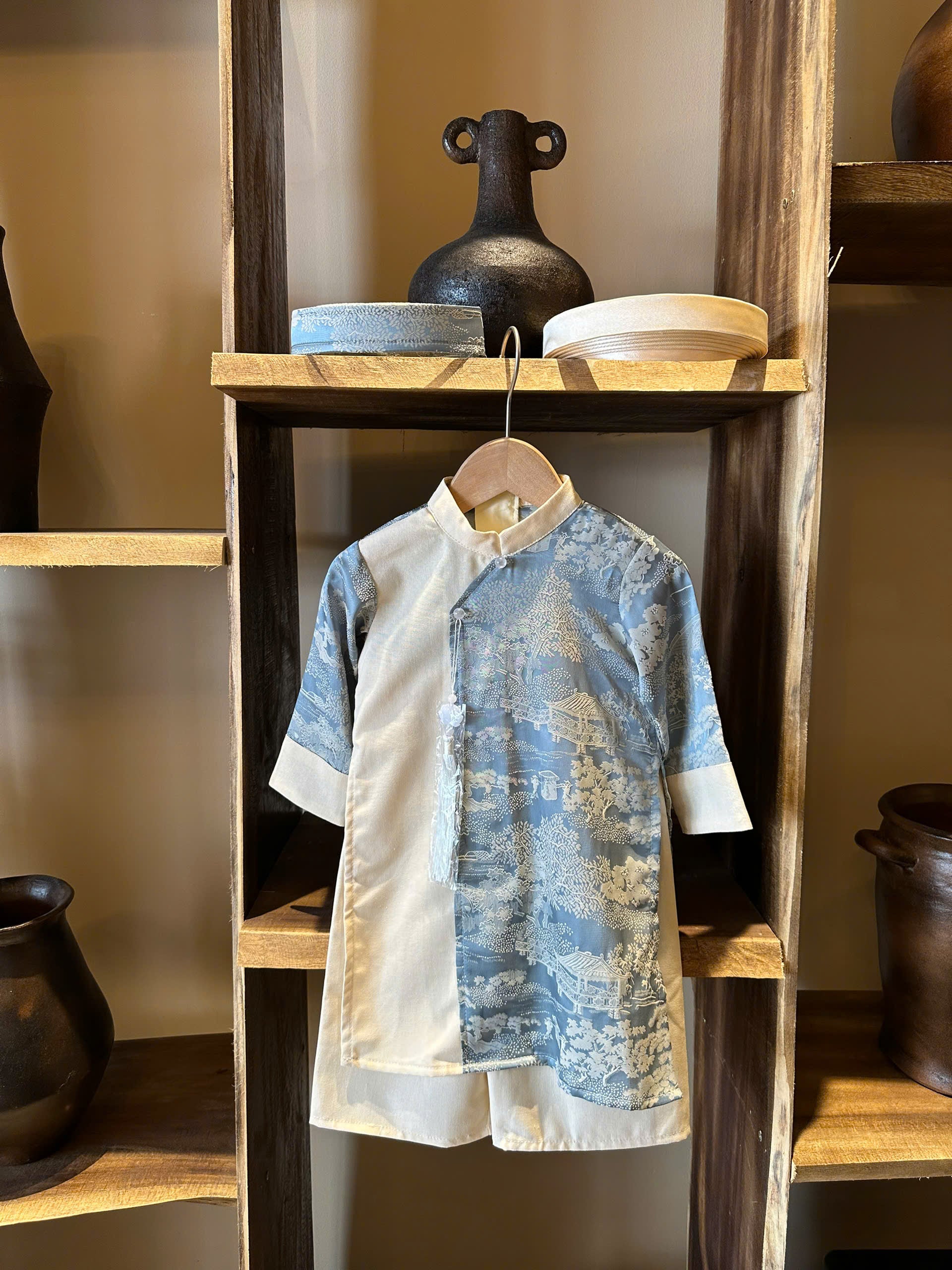 Imperial Mist Áo Dài – Cream Blue Harmony Boy Version (Newborn–9 Years) | Optional Soft Mấn & Ivory Khăn Đóng