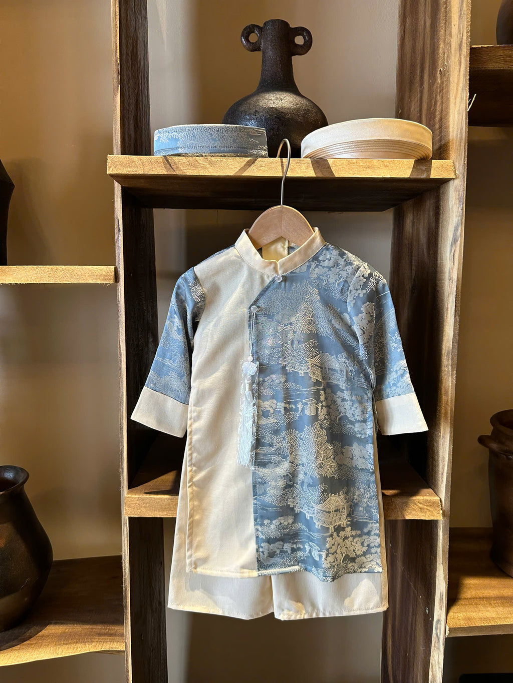 Imperial Mist Áo Dài – Cream Blue Harmony Boy Version (Newborn–9 Years) | Optional Soft Mấn & Ivory Khăn Đóng