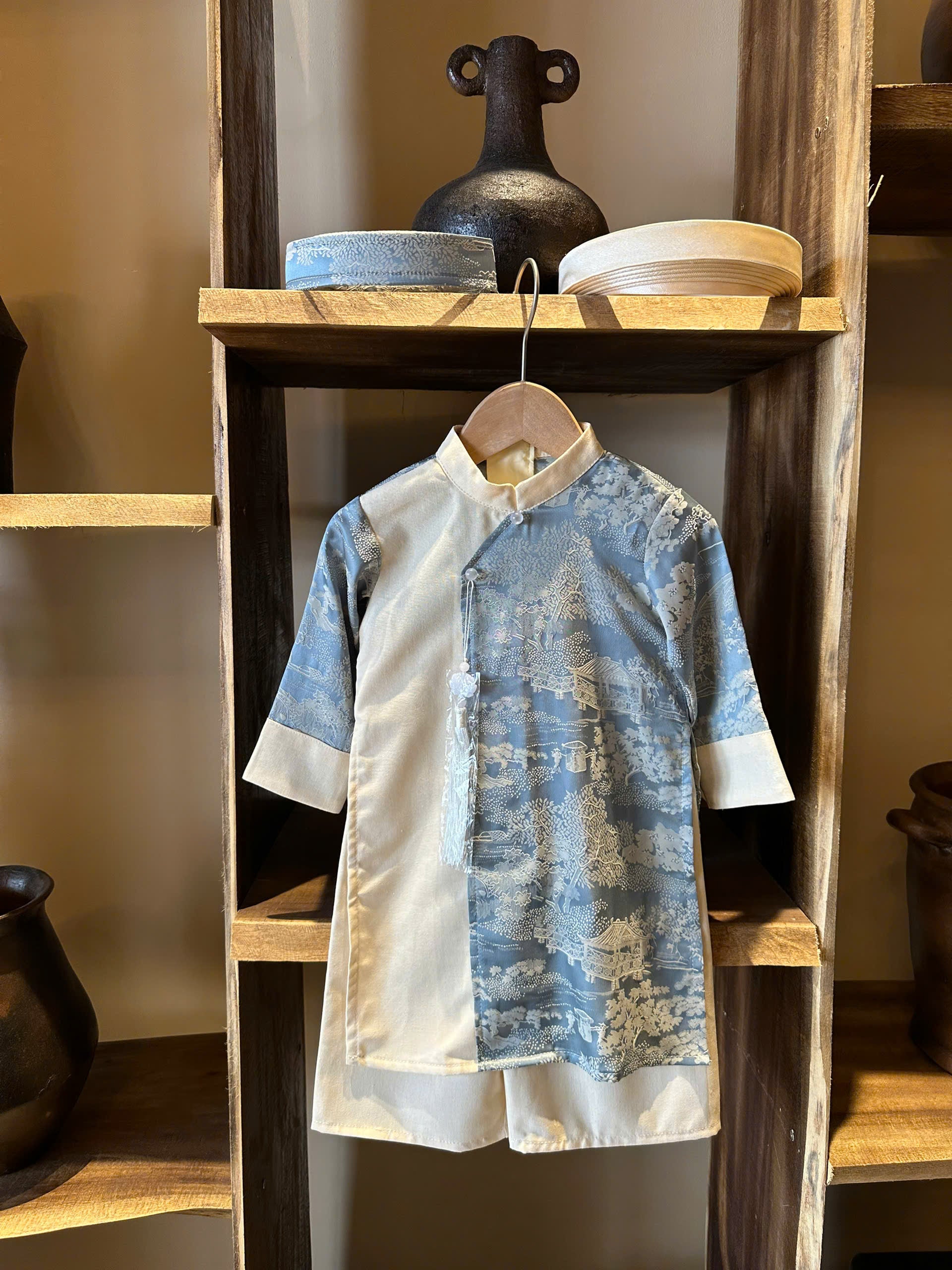 Imperial Mist Áo Dài – Cream Blue Harmony Boy Version (Newborn–9 Years) | Optional Soft Mấn & Ivory Khăn Đóng