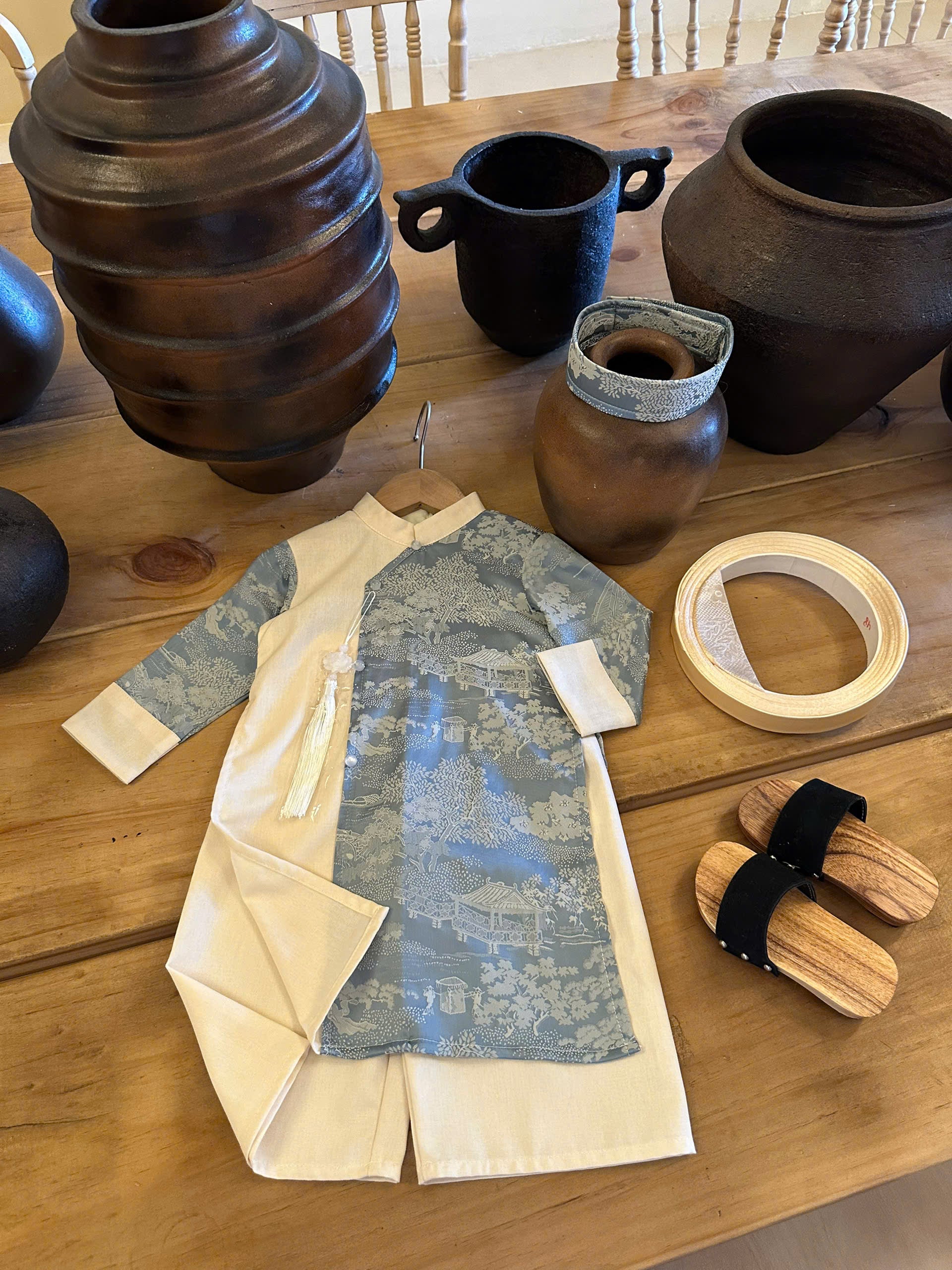 Imperial Mist Áo Dài – Cream Blue Harmony Boy Version (Newborn–9 Years) | Optional Soft Mấn & Ivory Khăn Đóng