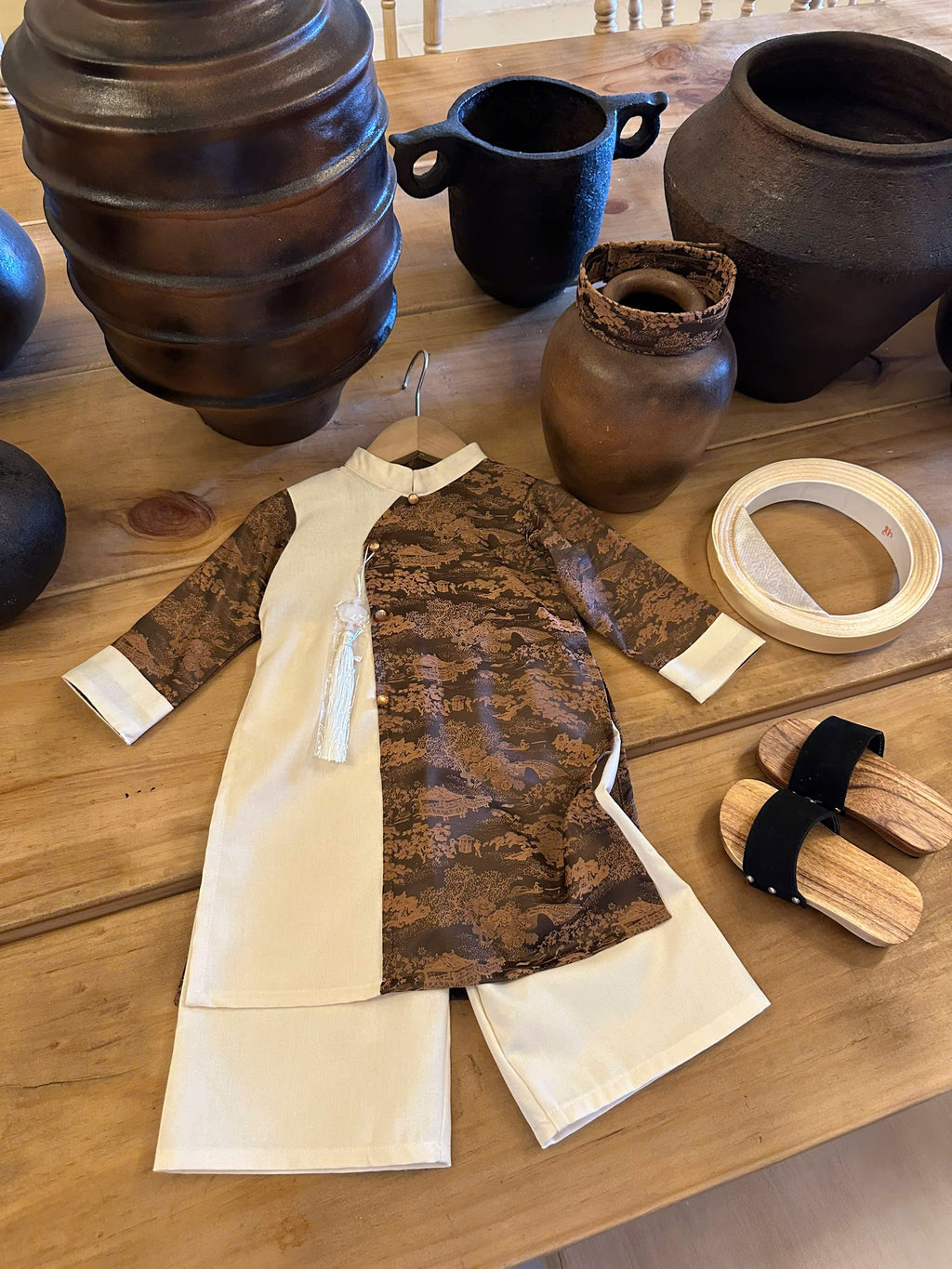 Imperial Mist Áo Dài – Chestnut Ivory Boy Version (Newborn–9 Years) | Optional Soft Mấn & Ivory Khăn Đóng