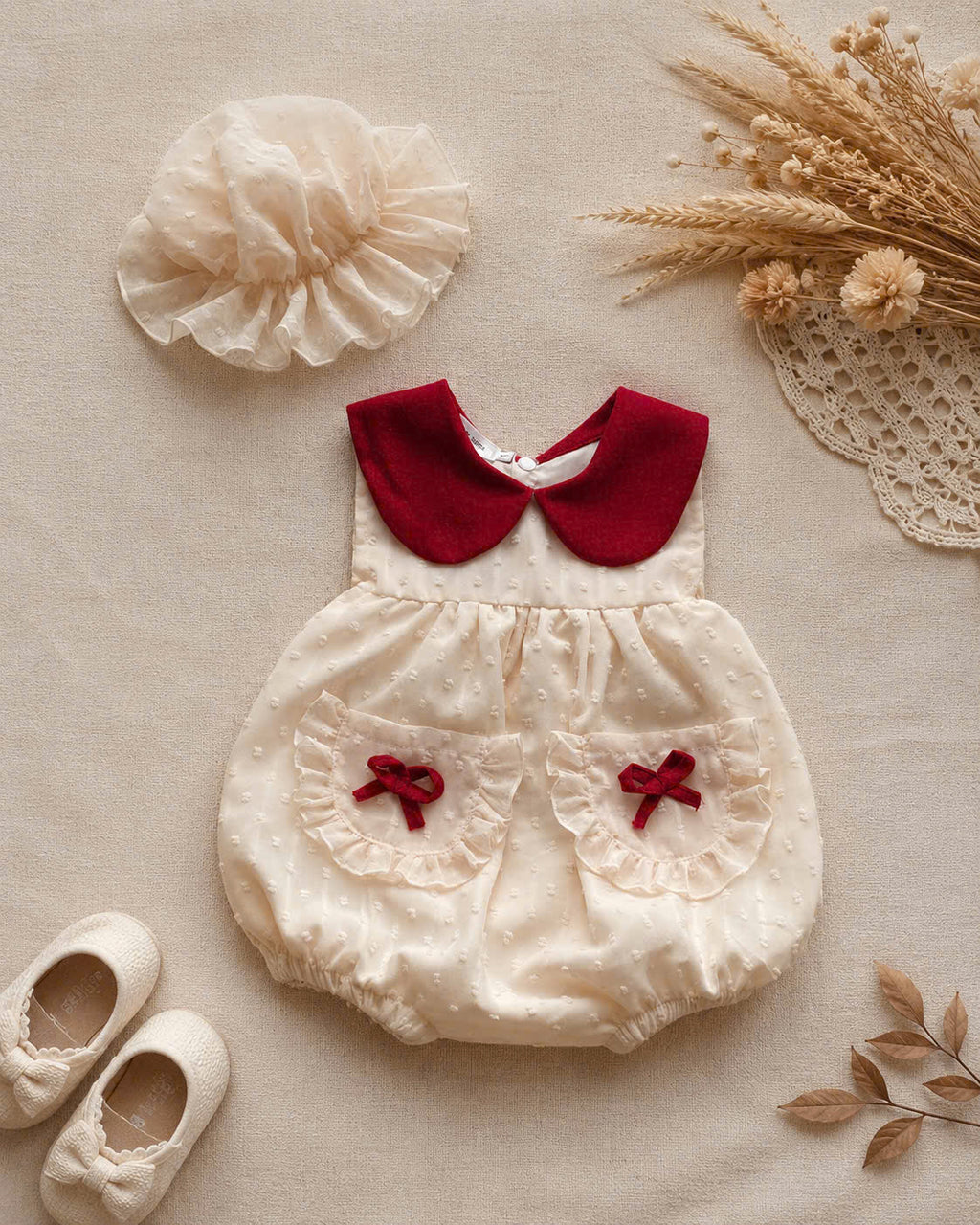 Petite Pocket Romper (Newborn – 2Years) | Peter Pan Collar Baby Romper with Soft Bonnet | Vintage Everyday Outfit