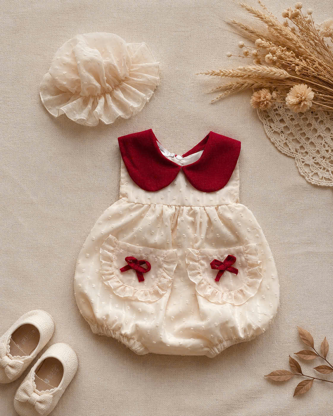 Petite Pocket Romper (Newborn – 2Years) | Peter Pan Collar Baby Romper with Soft Bonnet | Vintage Everyday Outfit