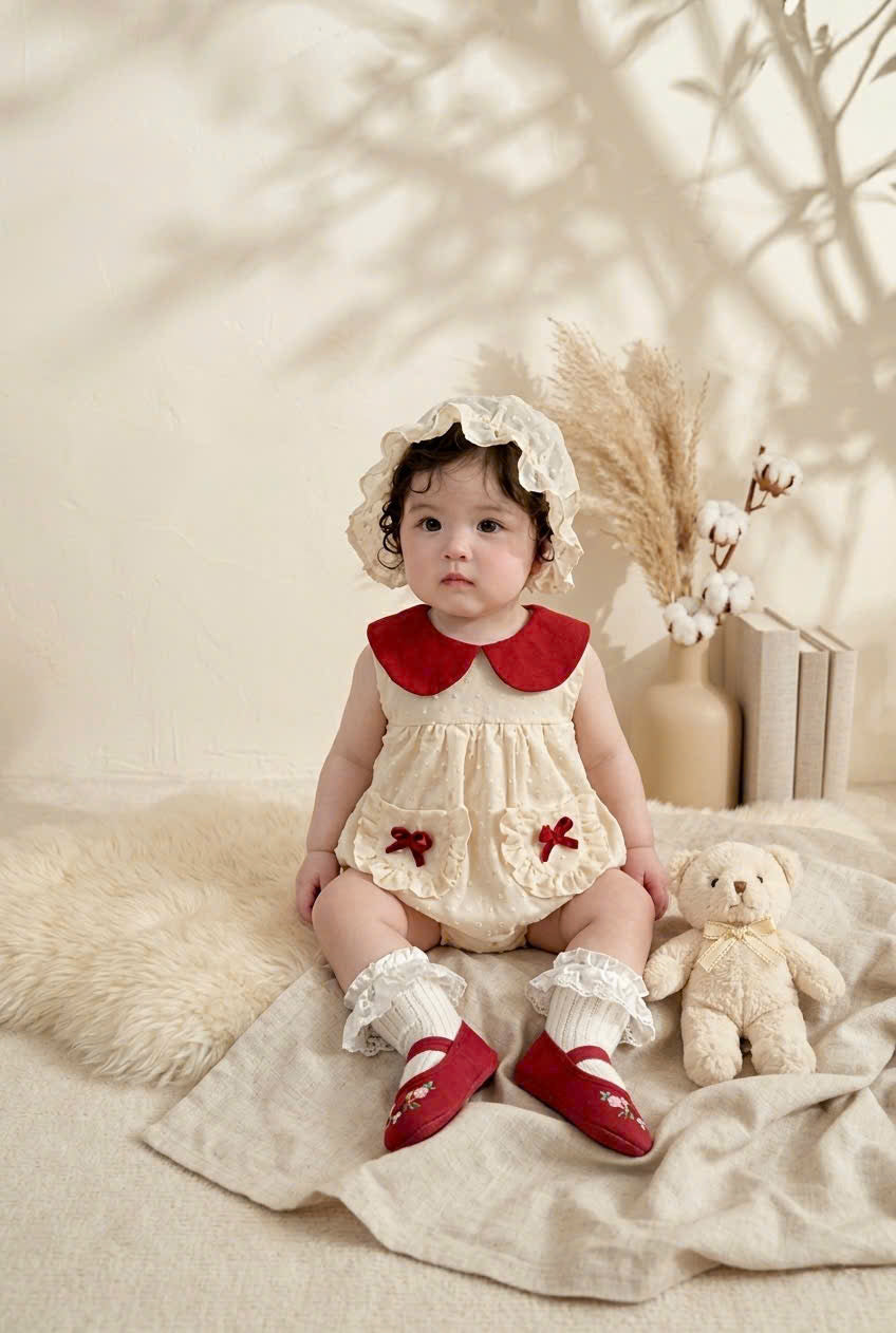 Petite Pocket Romper (Newborn – 2Years) | Peter Pan Collar Baby Romper with Soft Bonnet | Vintage Everyday Outfit