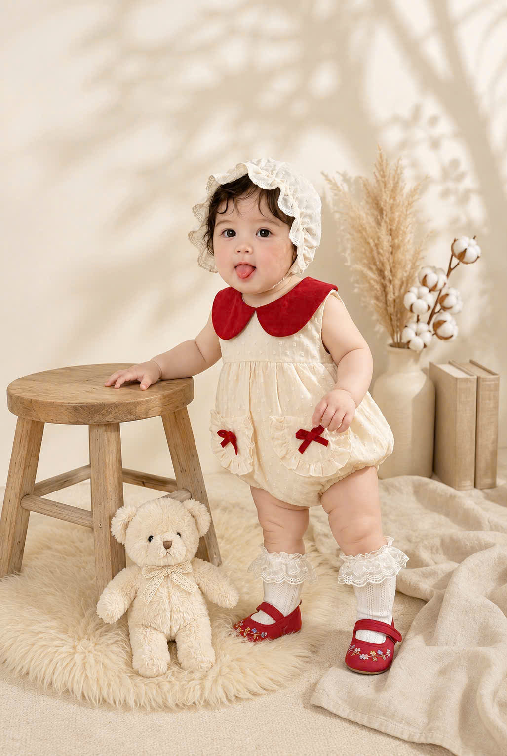 Petite Pocket Romper (Newborn – 2Years) | Peter Pan Collar Baby Romper with Soft Bonnet | Vintage Everyday Outfit