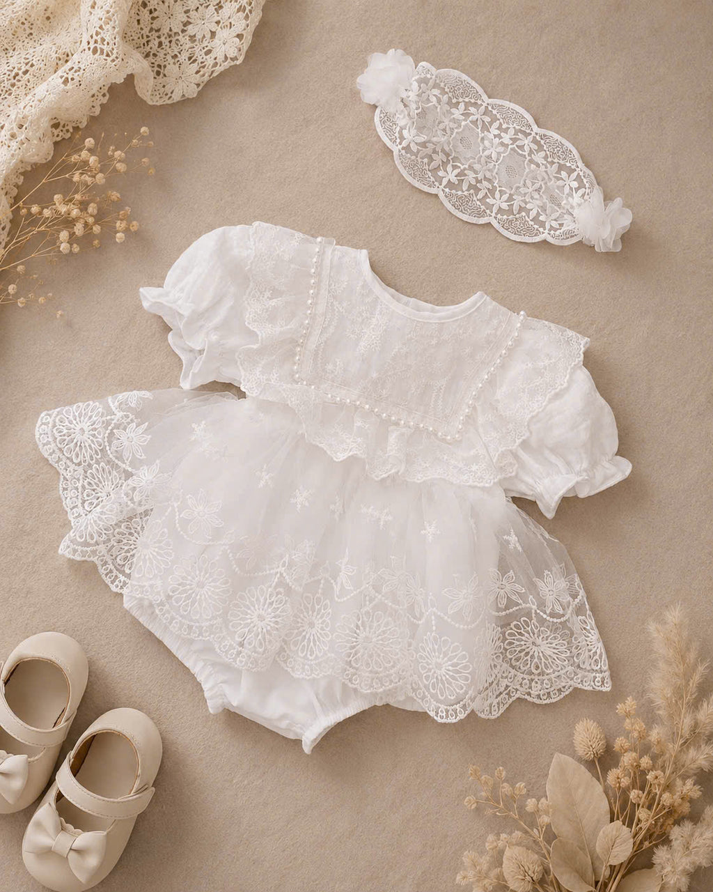 Little Lace Dream Romper Dress (Newborn–12Months) | White Lace Baby Romper Dress | Birthday, Baptism & Special Occasion Outfit