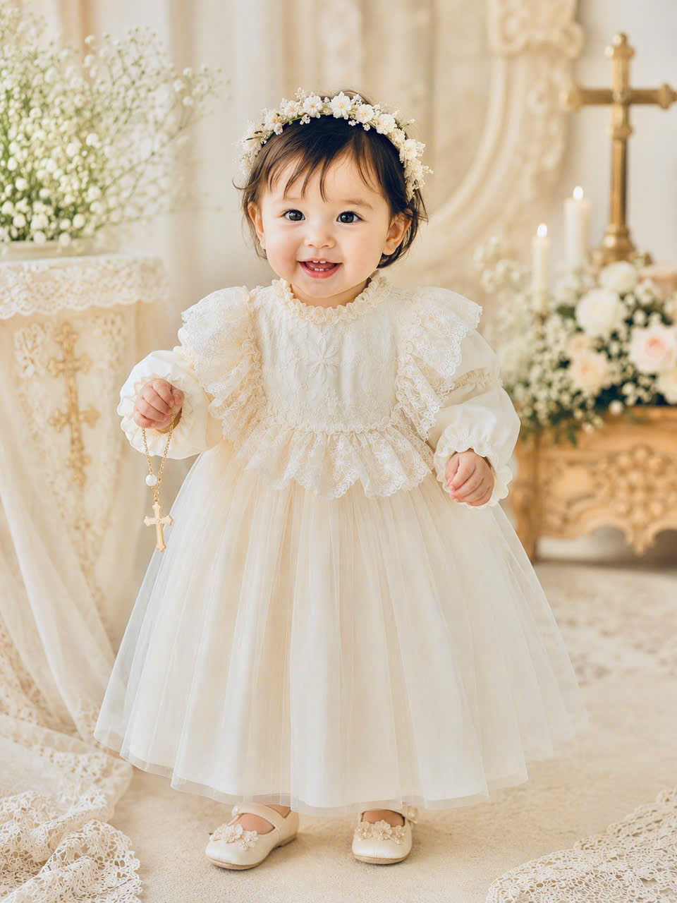Elegant Lace Princess Dress 1–6 Years | White Tulle Flower Girl Dress | Birthday, Wedding & Special Occasion Outfit
