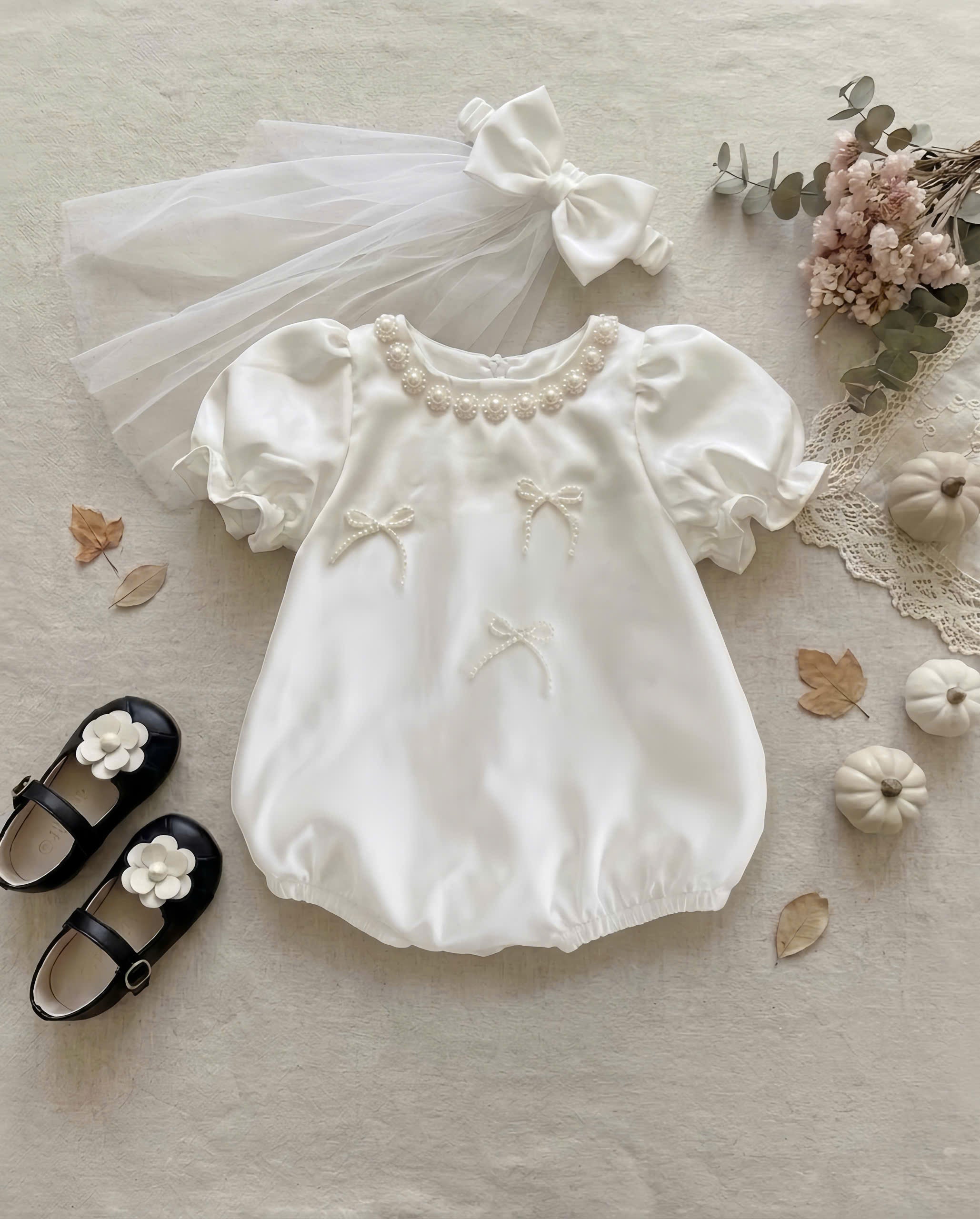 Little Pearl Silk Romper (NewBorn–12 Months) | Baby Pearl Romper with Bow Headband | Christening & Special Occasion Outfit