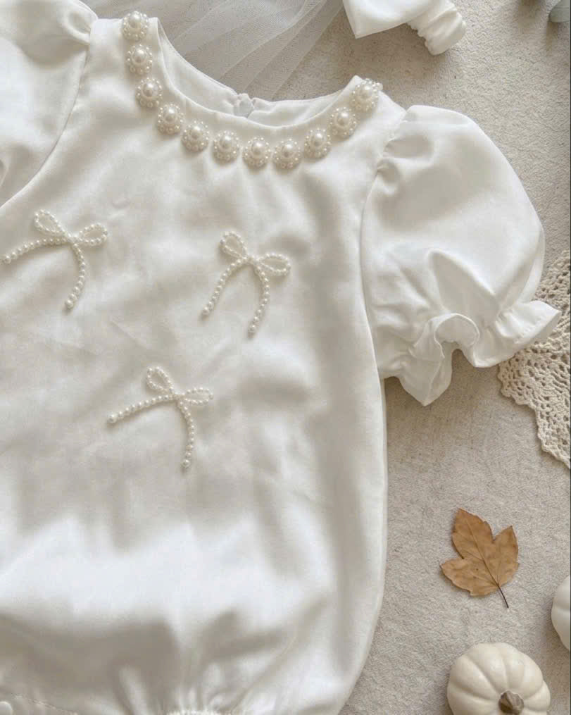 Little Pearl Silk Romper (NewBorn–12 Months) | Baby Pearl Romper with Bow Headband | Christening & Special Occasion Outfit