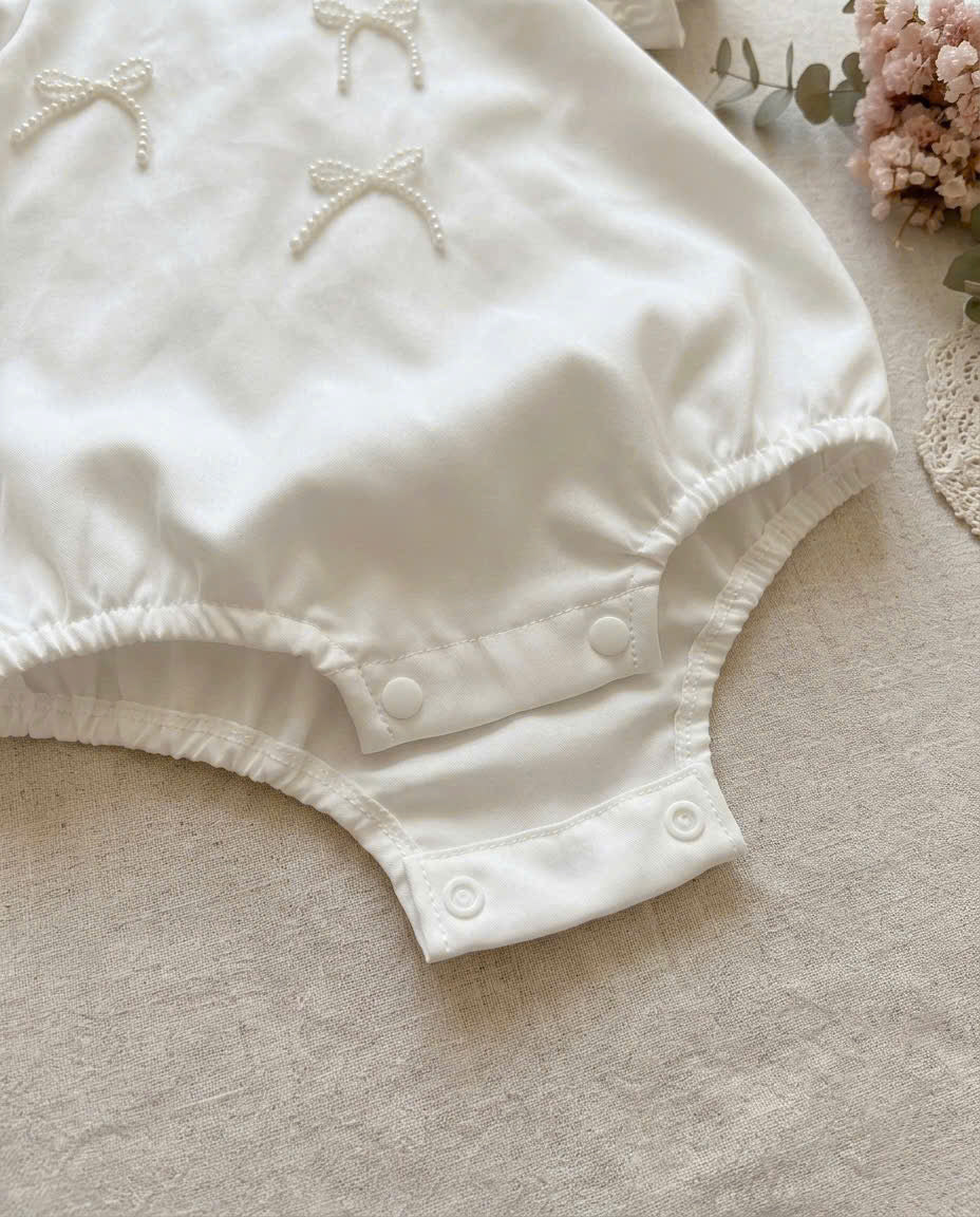 Little Pearl Silk Romper (NewBorn–12 Months) | Baby Pearl Romper with Bow Headband | Christening & Special Occasion Outfit