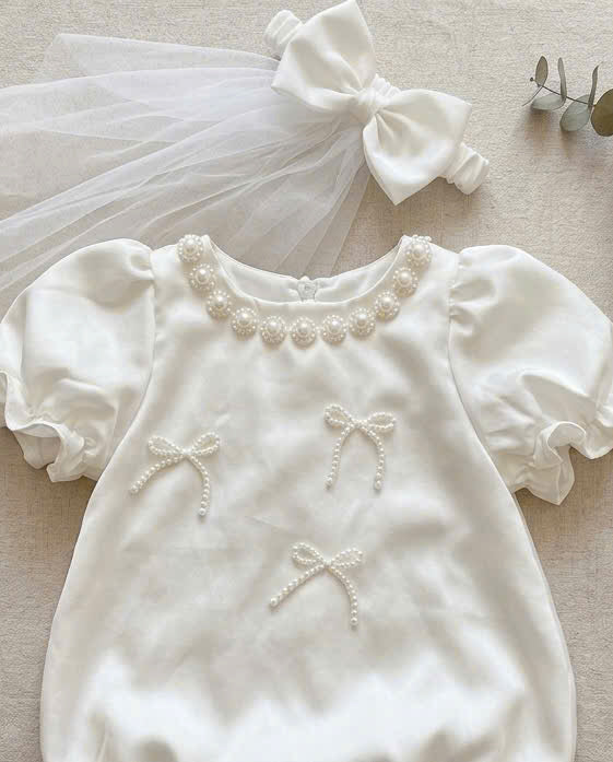 Little Pearl Silk Romper (NewBorn–12 Months) | Baby Pearl Romper with Bow Headband | Christening & Special Occasion Outfit